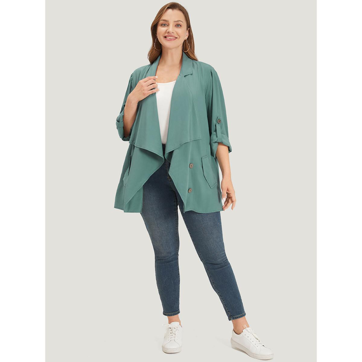 Plus Size Solid Pocket Asymmetrical Neck Roll Tab Sleeve Jacket Women Emerald Plain Loose Pocket Dailywear Jackets BloomChic 14-16/1X Product Image