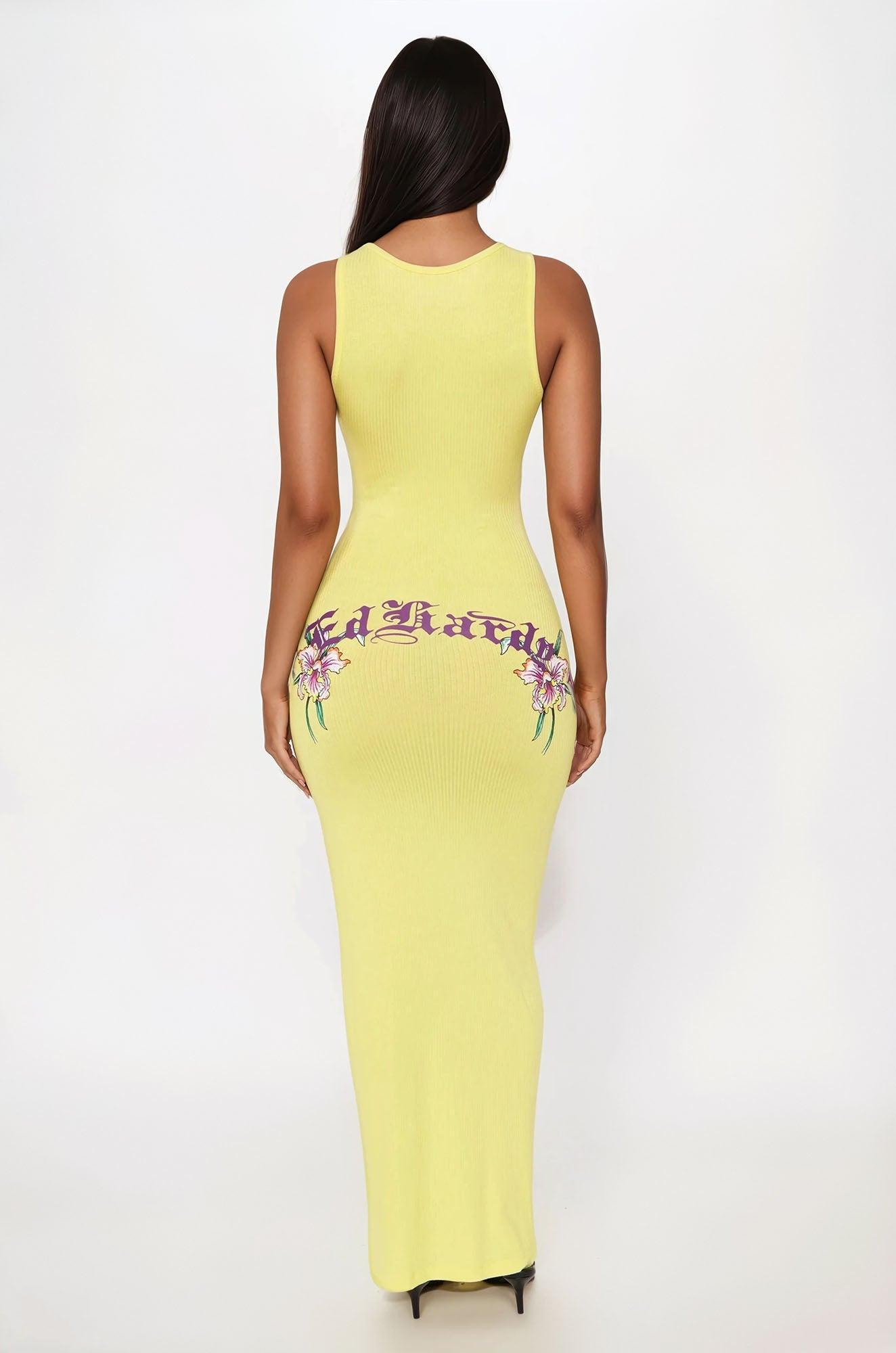 Ed Hardy Skull Flowers Cut Out Midi Dress - Yellow Product Image