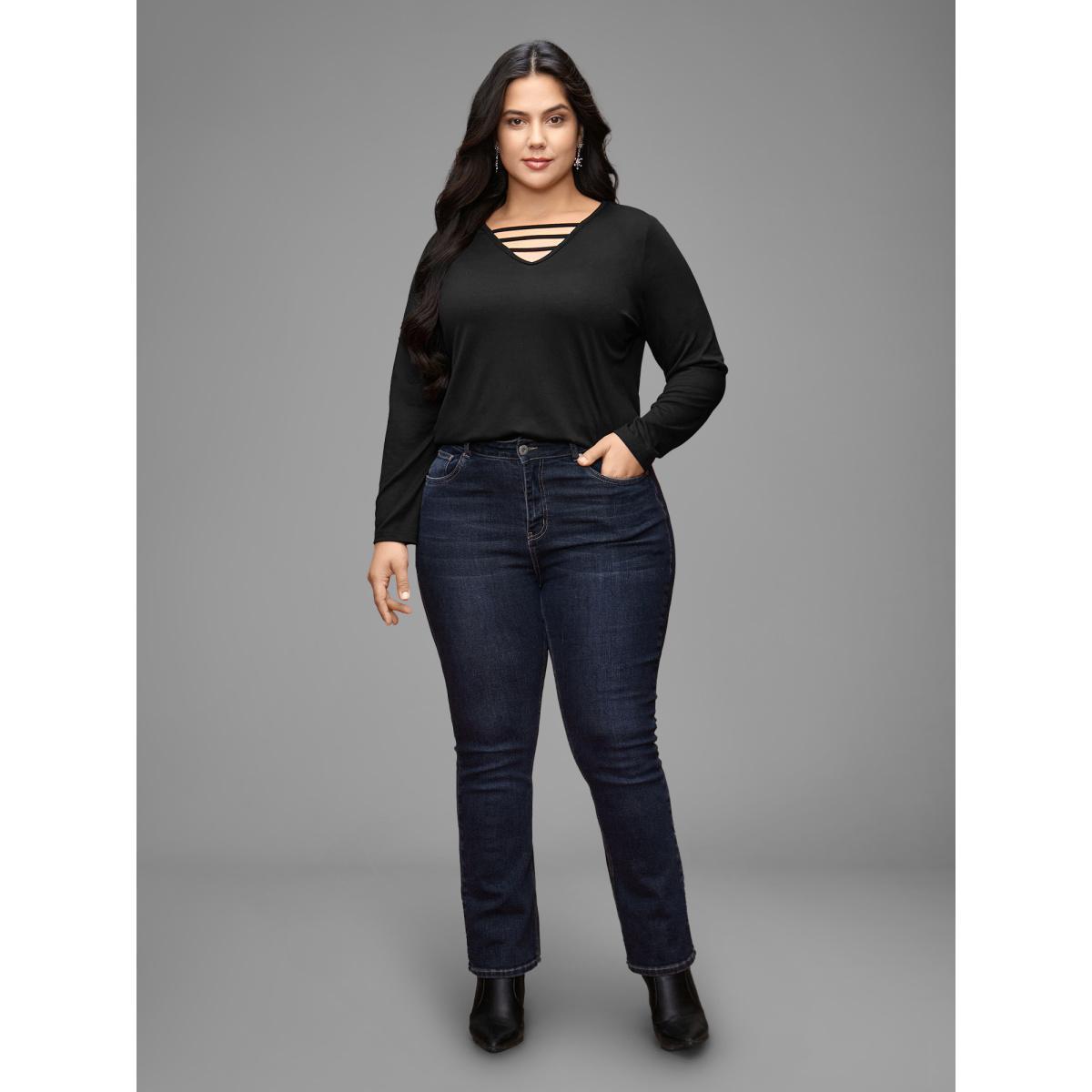 Plus Size V-neck Cut Out Straight Fit Tee Black Women Casual Cut-Out V-neck Everyday T-shirts BloomChic 12/L Product Image