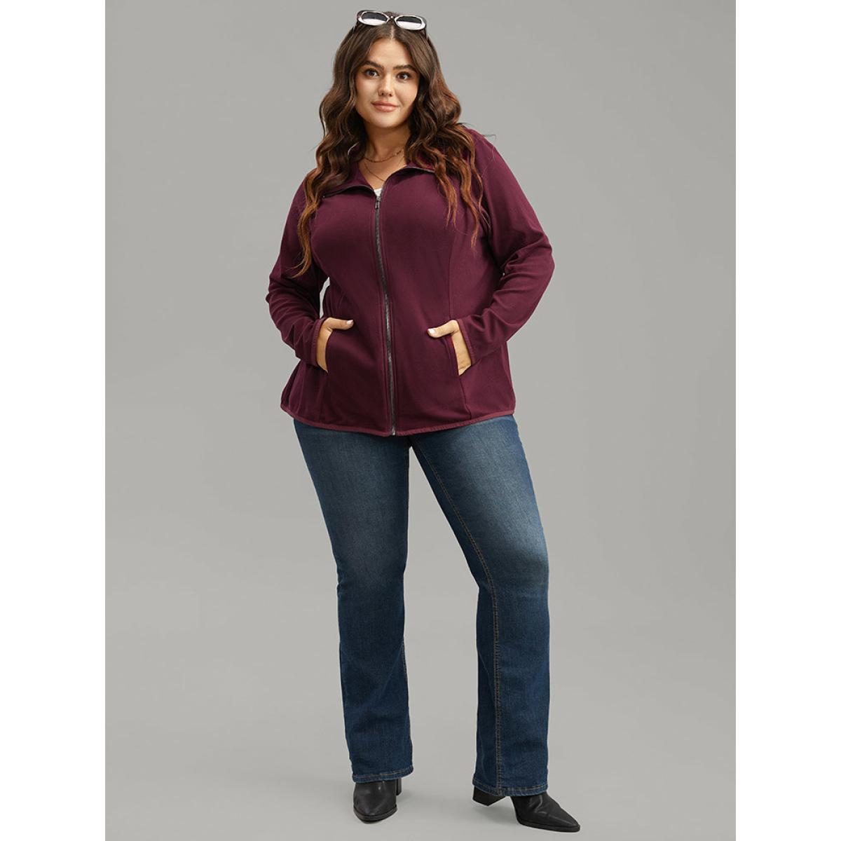 Plus Size Plain Zipper Fly Lapel Collar Jacket Women Burgundy Plain Pocket Dailywear Jackets BloomChic 28/5X Product Image