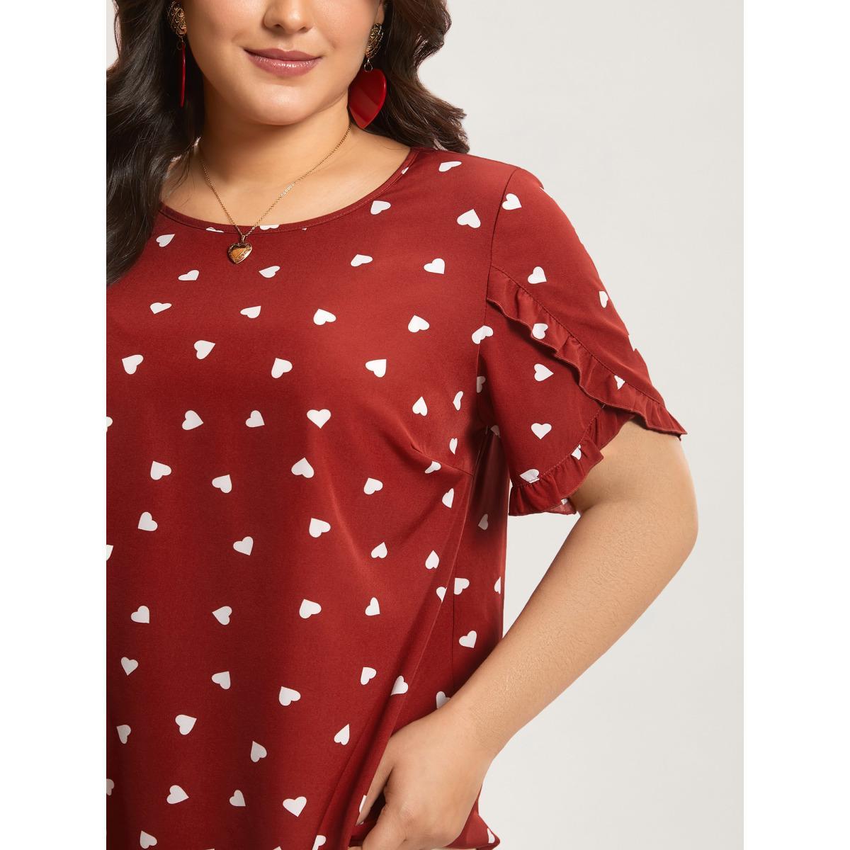 Plus Size Scarlet Ruffled Overlap Sleeve Heart Pattern Blouse Women Elegant Short sleeve Round Neck Everyday Blouses BloomChic 22-24/3X Product Image