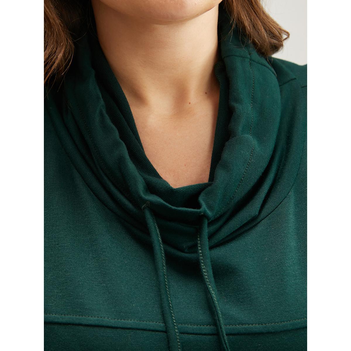 Plus Size Solid Pocket Dolman Sleeve Drawstring Sweatshirt Women DarkGreen Casual Asymmetrical Turtleneck Dailywear Sweatshirts BloomChic 18-20/2X Product Image