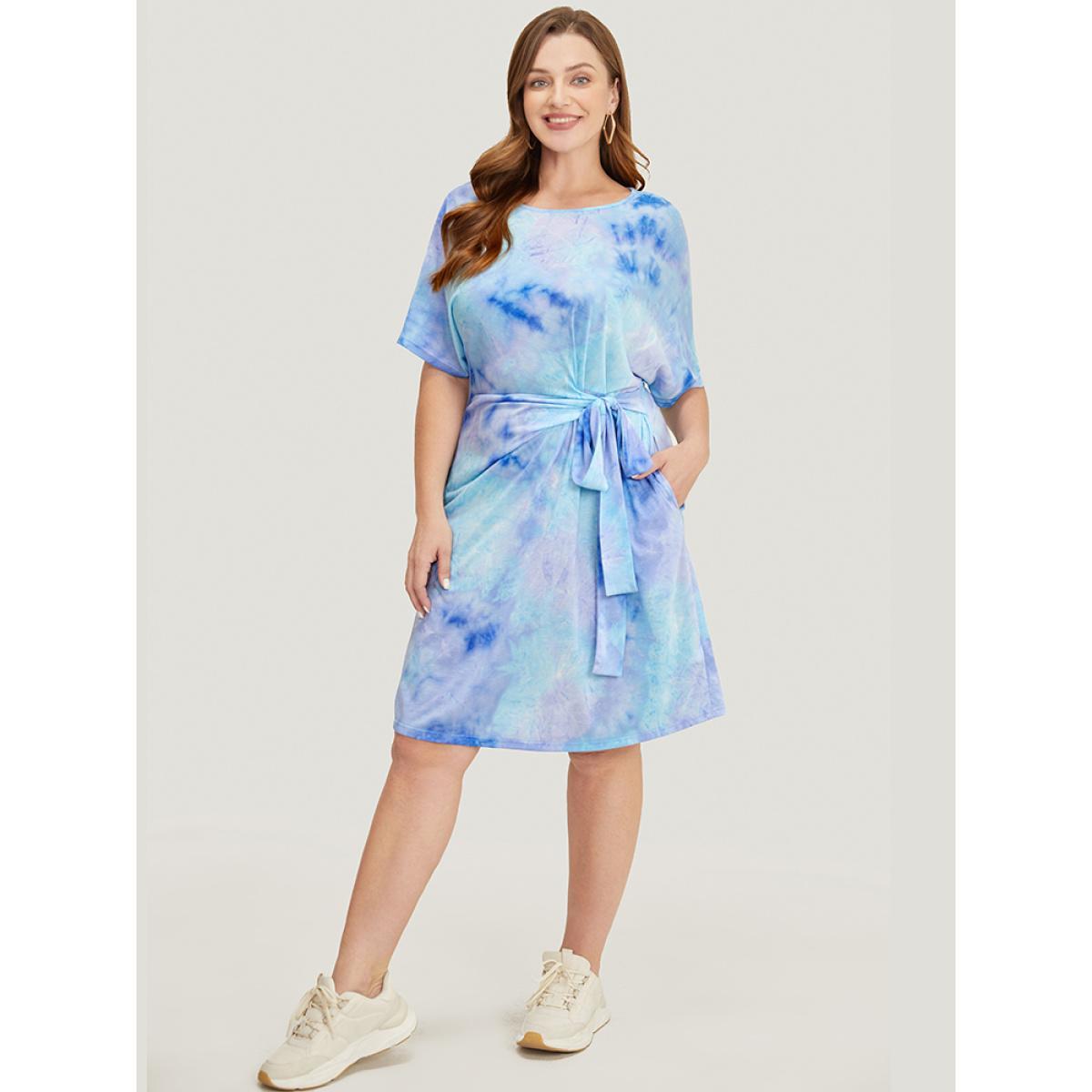 Plus Size Tie Dye Pocket Knotted Front Batwing Sleeve Knee Dress Stone Women Casual Knotted Round Neck Short sleeve Curvy Knee Dress BloomChic 10/M Product Image