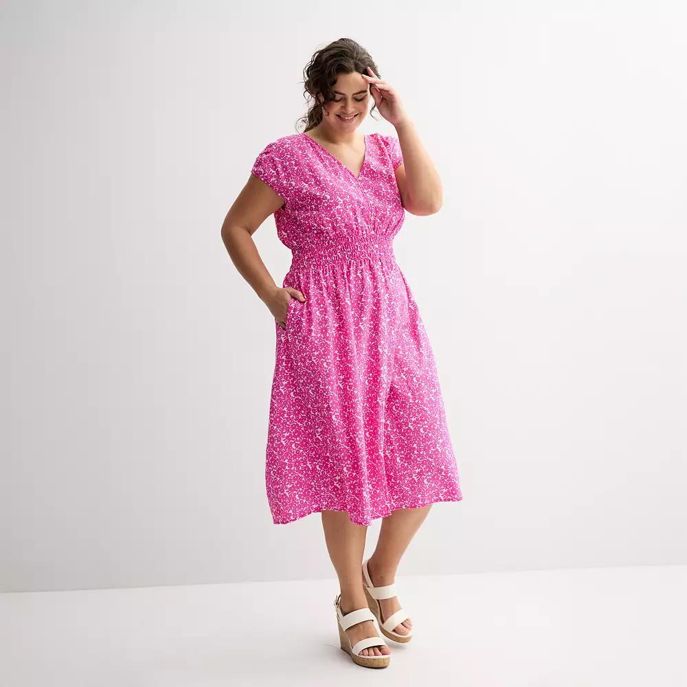 Plus Size Sonoma Goods For Life® Smocked Button-Through Midi Dress, Women's, Size: 1XL, Pink Painted Floral Product Image