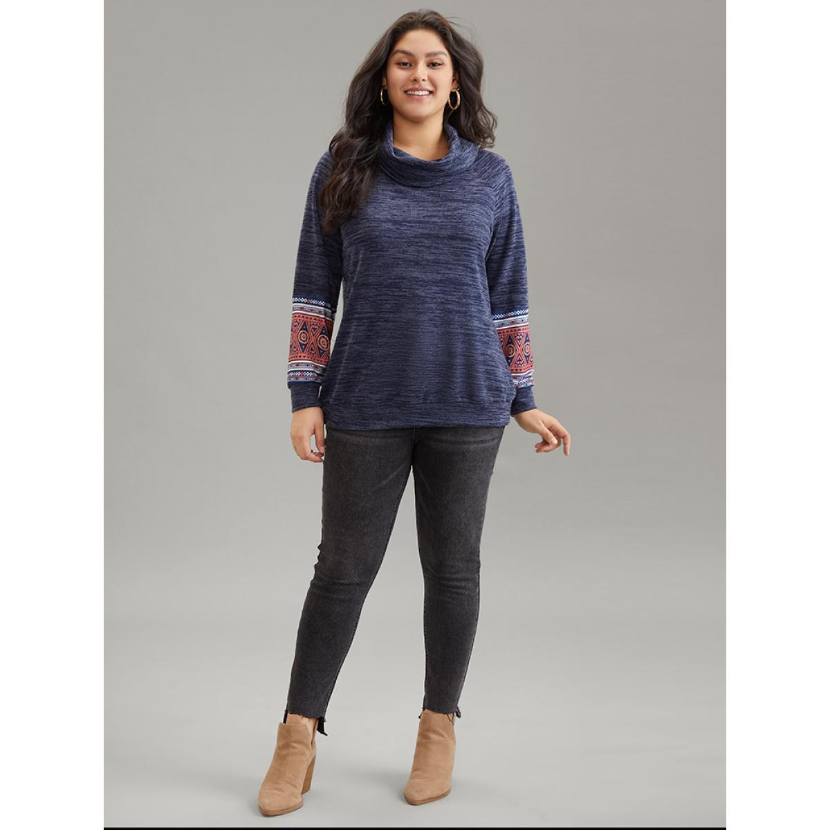 Plus Size Heather Boho Print Raglan Sleeve Turtleneck Sweatshirt Women Blue Casual Heather Turtleneck Dailywear Sweatshirts BloomChic 22-24/3X Product Image