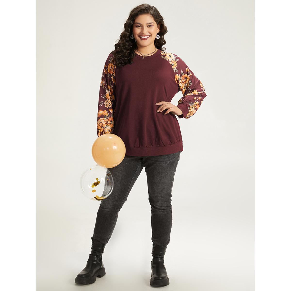 Plus Size Halloween Floral Patchwork Print Raglan Sleeve Sweatshirt Women Red Casual Elastic cuffs Round Neck Festival-Halloween Sweatshirts BloomChic 22-24/3X Product Image