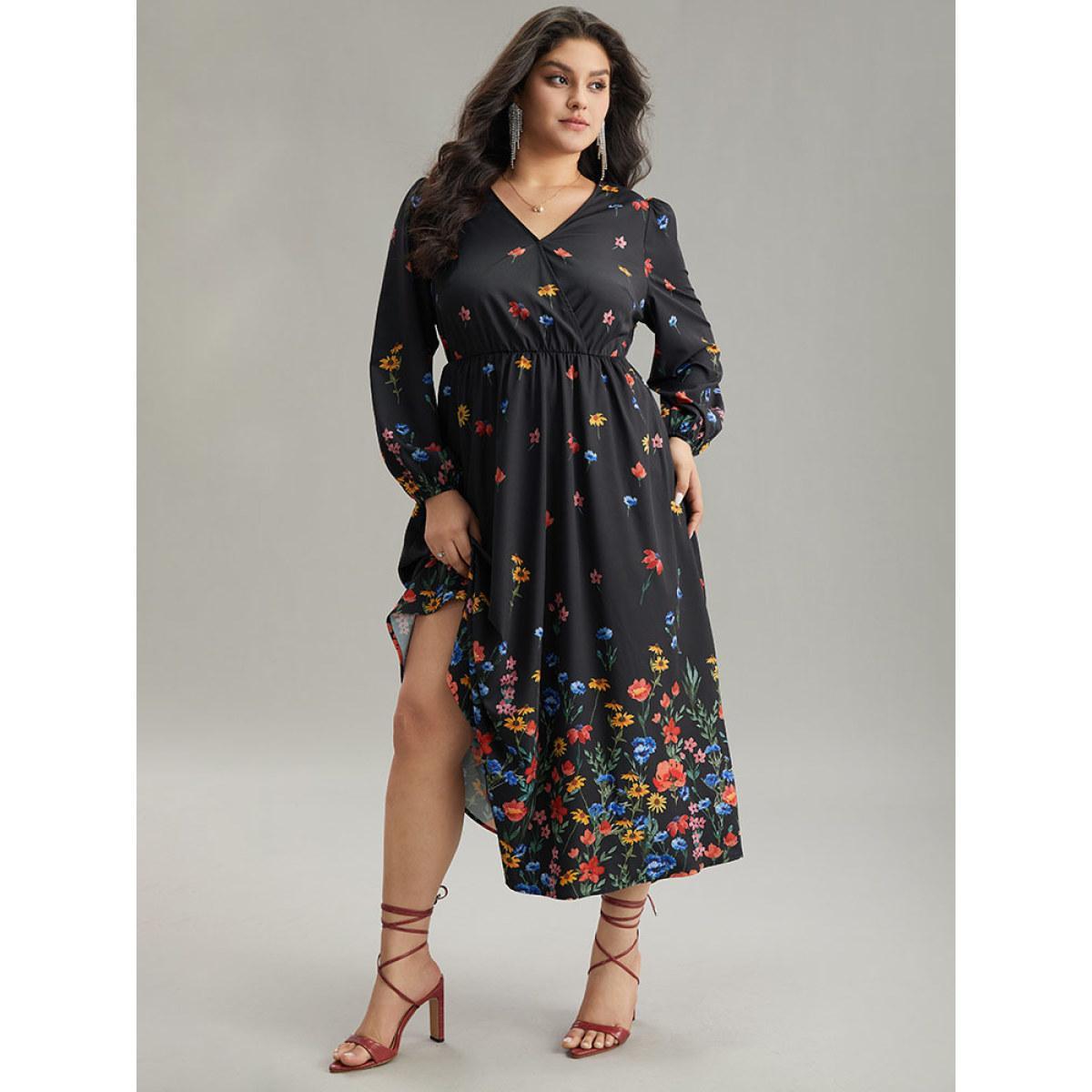 Plus Size Boho Print Overlap Collar Lantern Sleeve Dress Black Women Elegant Elastic cuffs Overlap Collar Long Sleeve Curvy Midi Dress BloomChic 14-16/1X Product Image