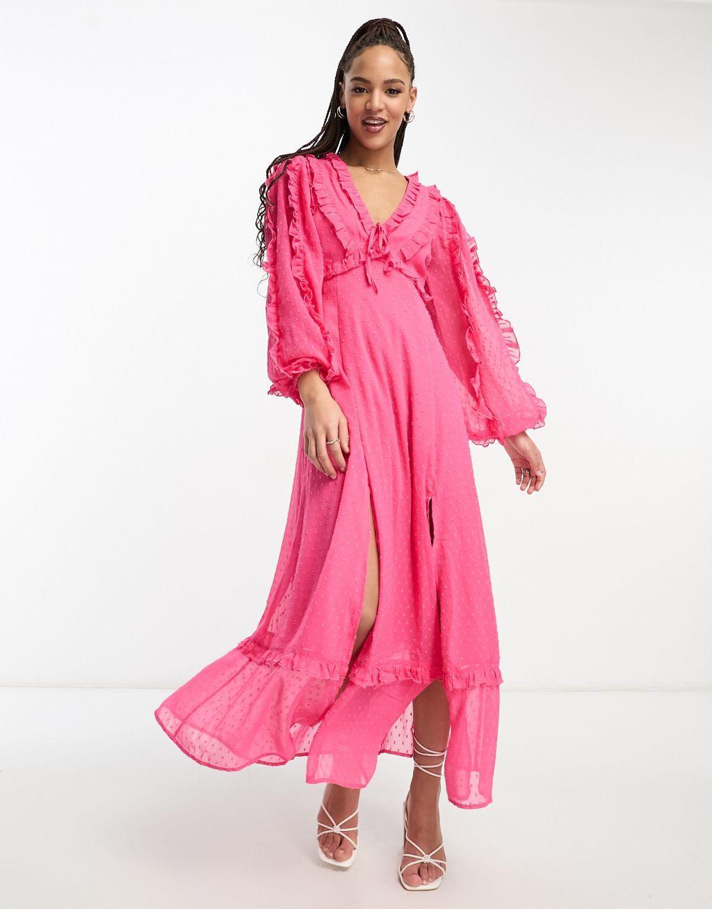 Miss Selfridge textured chiffon ruffle detail maxi dress Product Image
