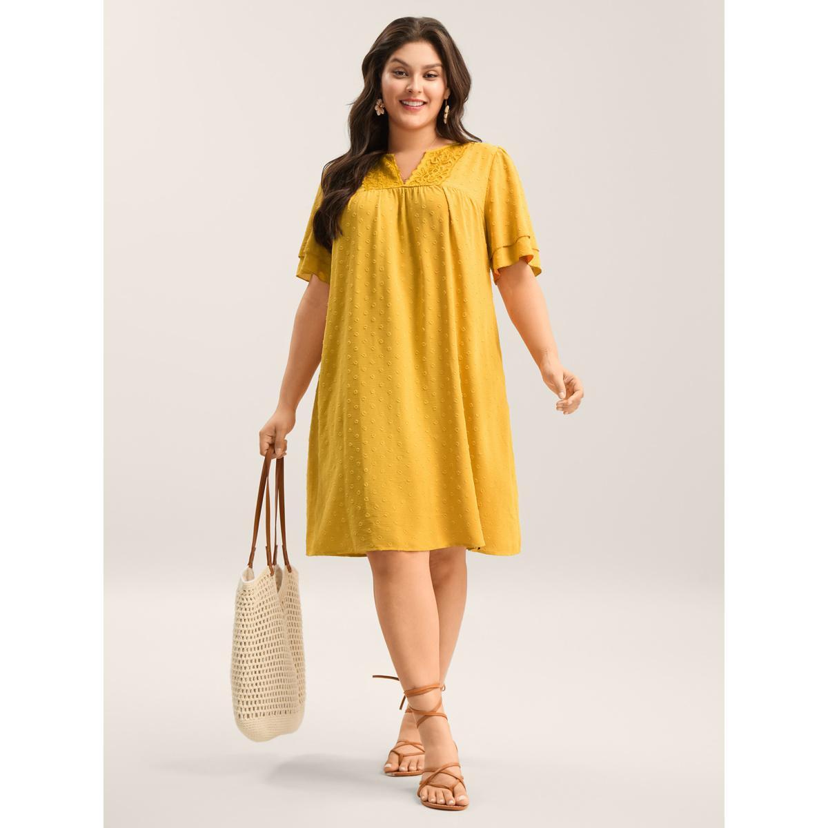 Plus Size Textured Cut-Out Lace Pockets Midi Dress Turmeric Women Flat collar Short sleeve Curvy BloomChic 28/5X Product Image