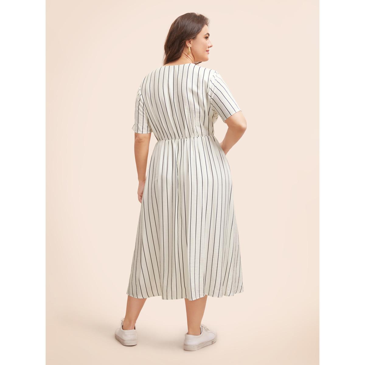 Plus Size Striped V Neck Pocket Midi Dress Ivory Women Casual Non V-neck Short sleeve Curvy BloomChic 26/4X Product Image