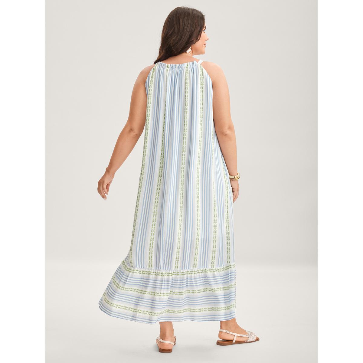 Plus Size Nautical Stripes Flared Midi Dress LightBlue Women Round Neck Sleeveless Curvy BloomChic 22-24/3X Product Image