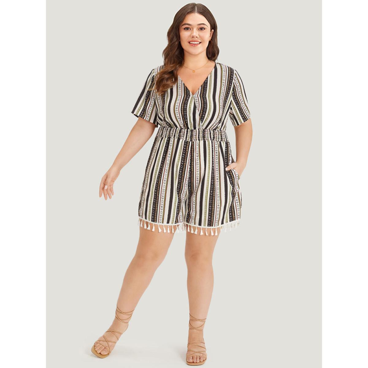 Plus Size Multicolor Boho Print Shirred Cut Out Tassel Trim Romper Women Elegant Short sleeve V-neck Dailywear Loose Jumpsuits BloomChic 28/5X Product Image