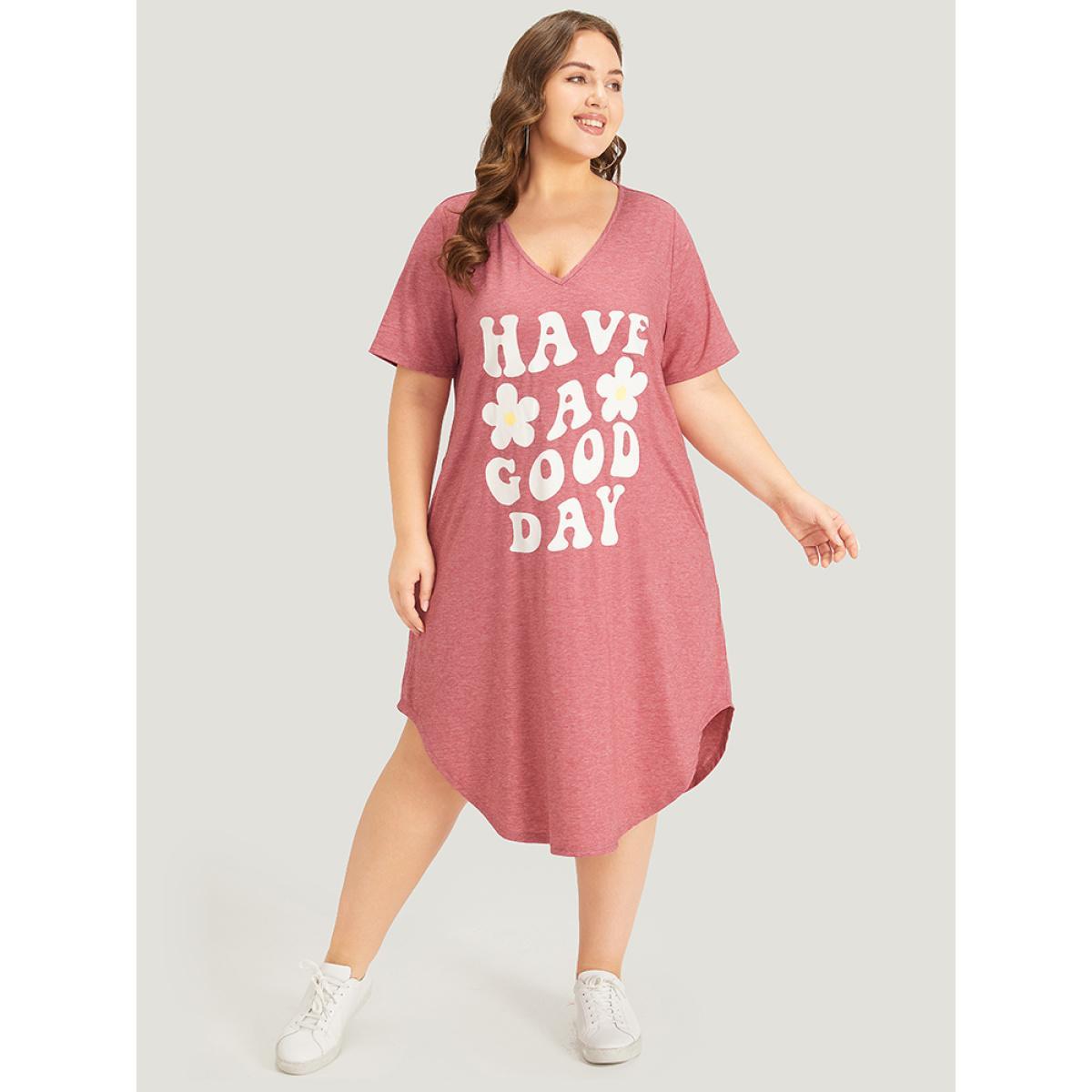 Plus Size Supersoft Essentials Letter & Floral Print V Neck Curved Hem Dress DustyPink Women Casual Plain Curvy Midi Dress BloomChic 14-16/1X Product Image