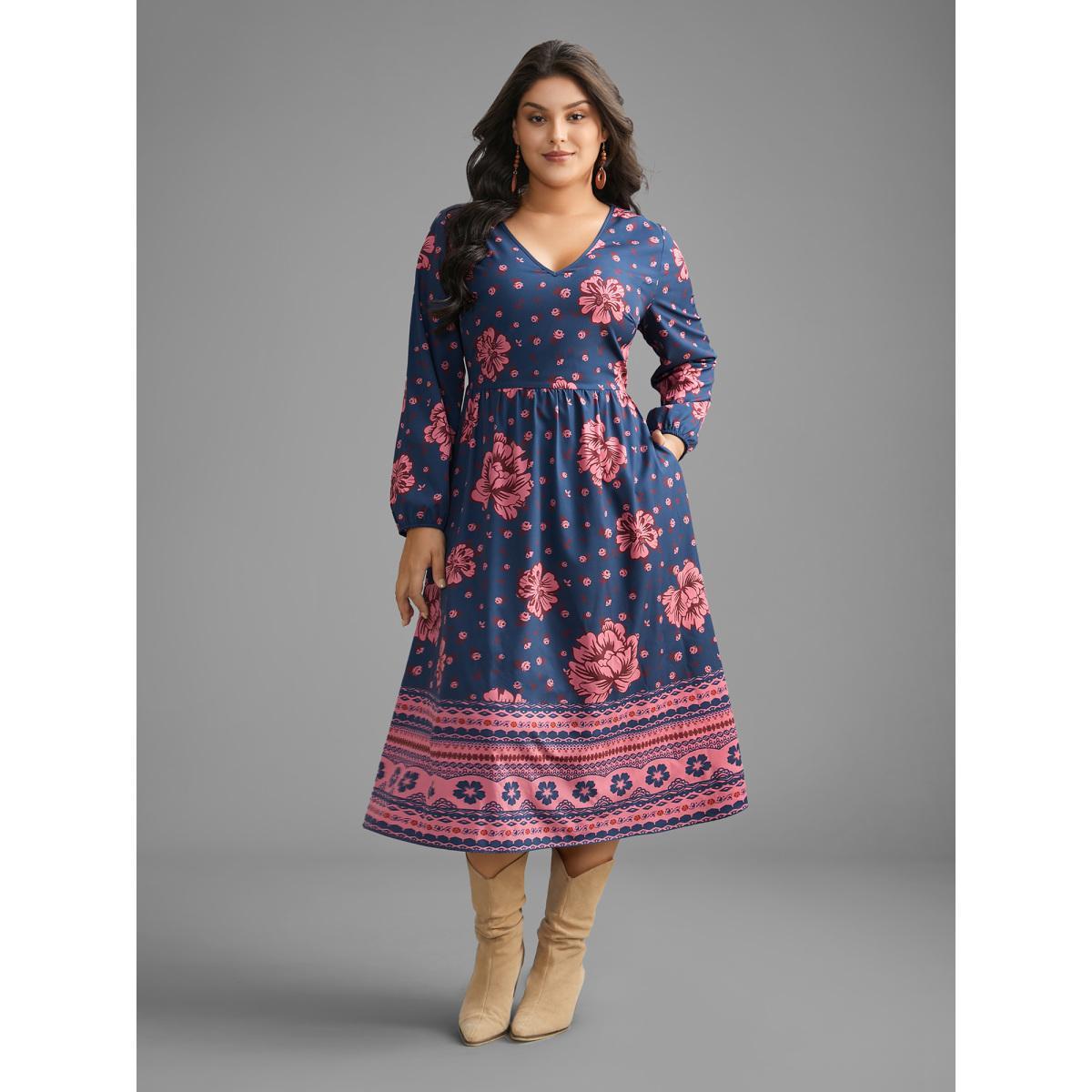 Plus Size Boho Print V Neck Elastic Waist Dress Midnight Women Resort Non V-neck Long Sleeve Curvy BloomChic 28/5X Product Image