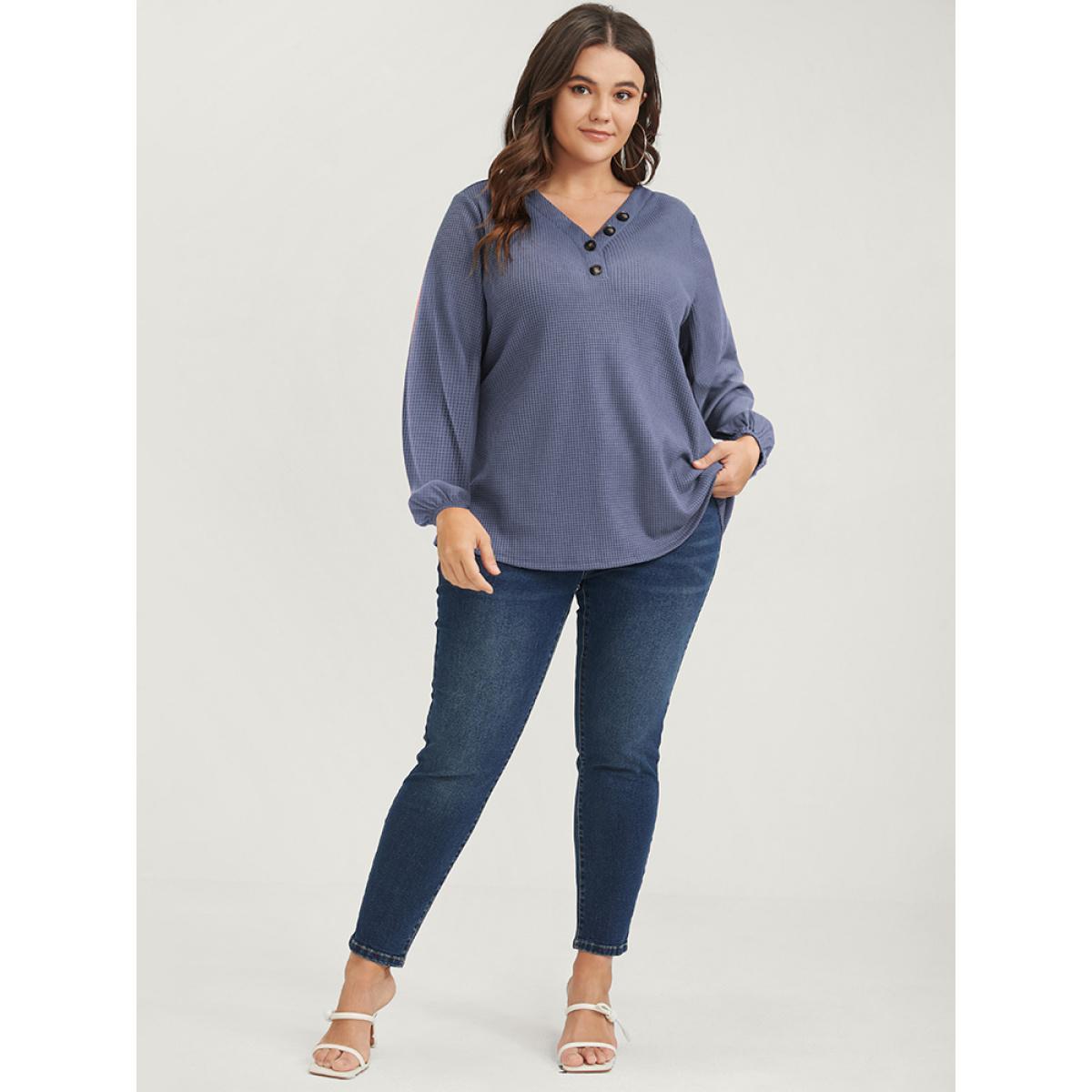 Plus Size Solid Lantern Sleeve Button V Neck Waffle Knit Long Tee Stone Women Casual Button Plain V-neck Dailywear T-shirts BloomChic 14-16/1X Product Image
