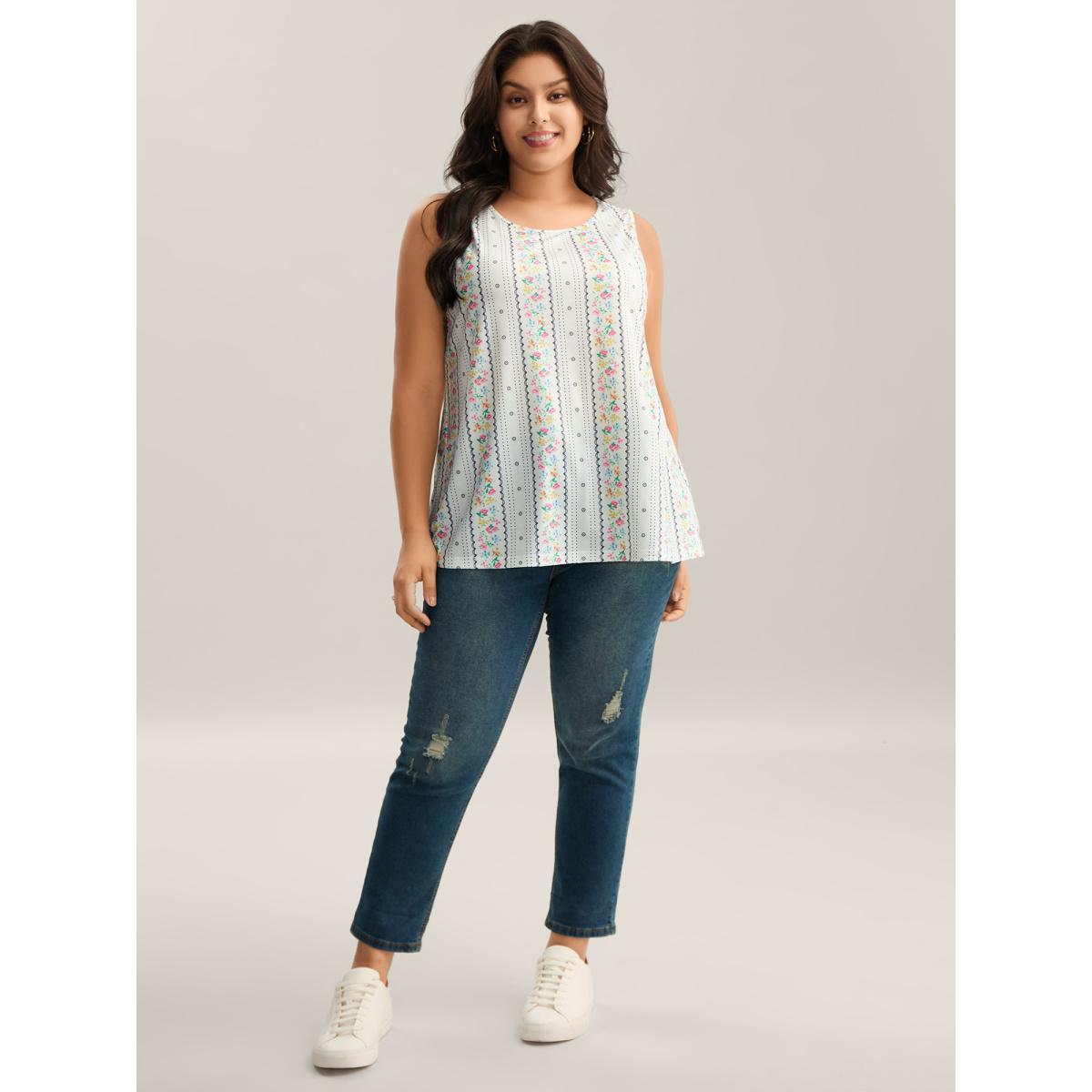 Plus Size Floral Print Panels Fitted Tank Top Women Originalwhite Non Round Neck Everyday-Casual Tank Tops Camis BloomChic 12/L Product Image