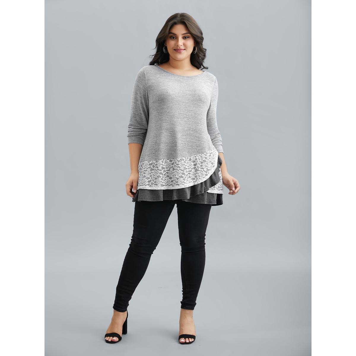 Plus Size Lace Overlap Hem Round Neck T-Shirt LightGray Women Casual Overlapping Round Neck Everyday T-shirts BloomChic 22-24/3X Product Image