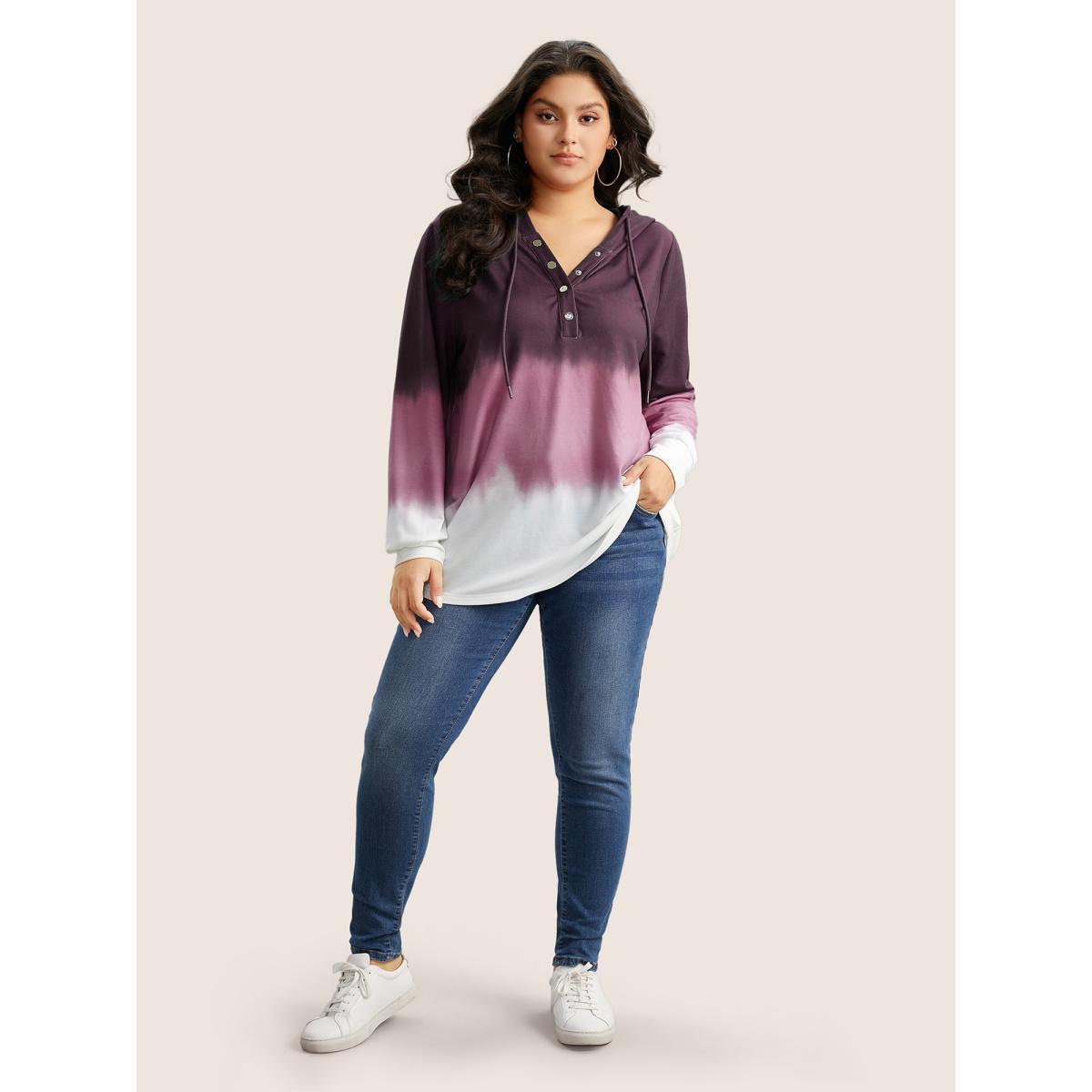 Plus Size Tie Dye Button Up Hooded Drawstring Sweatshirt Women Purple Casual Button Hooded Everyday Sweatshirts BloomChic 22-24/3X Product Image