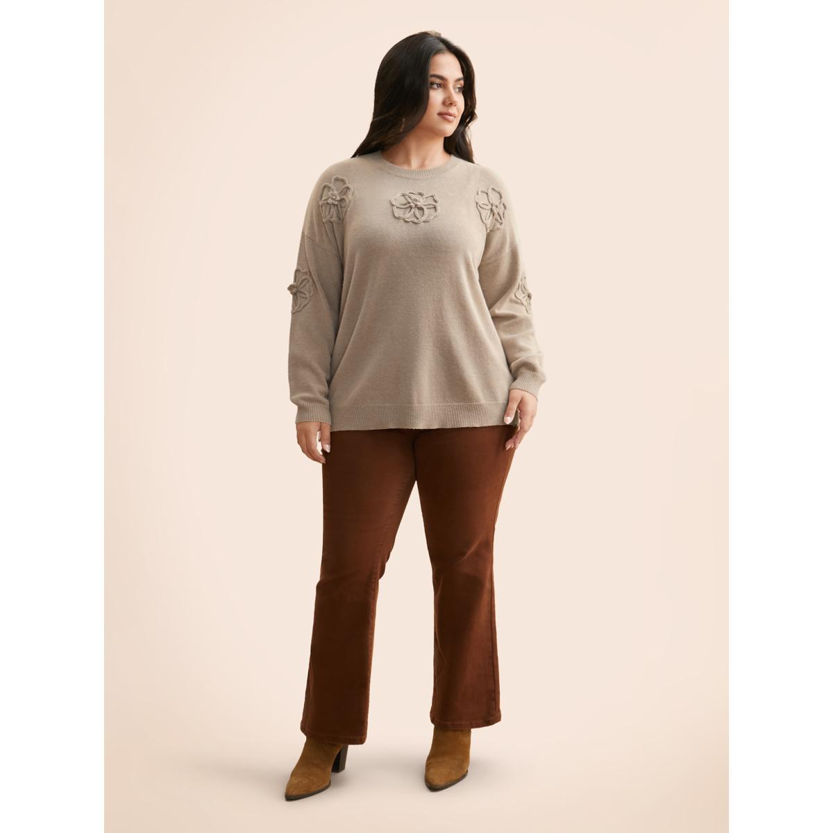 Plus Size Supersoft Essentials Stereo Flower Design Pullover Apricot Women Casual Loose Long Sleeve Round Neck Everyday Pullovers BloomChic 26/4X Product Image