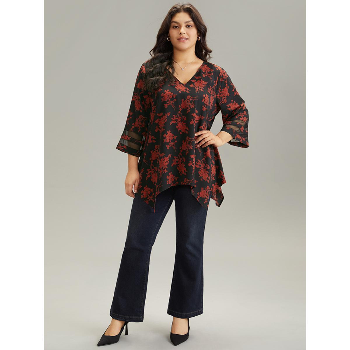 Plus Size Red Silhouette Floral Print Patchwork Mesh Hanky Hem Blouse Women Elegant Elbow-length sleeve V-neck Everyday Blouses BloomChic 18-20/2X Product Image