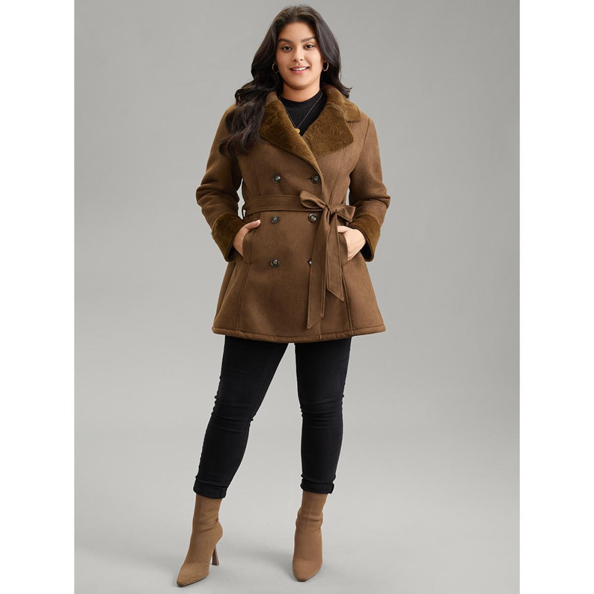 Plus Size Fuzzy Patchwork Double Breasted Belted Jacket Women Bronze Pocket Belt Everyday Jackets BloomChic 28/5X Product Image