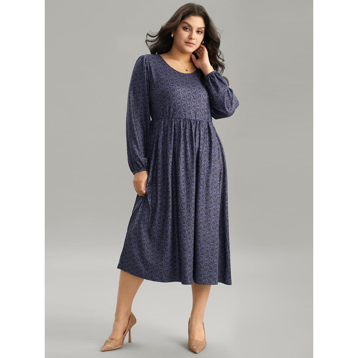 Plus Size Geometric Elastic Waist Pocket Gathered Dress DarkBlue Women Office Elastic cuffs Round Neck Long Sleeve Curvy Midi Dress BloomChic 26/4X Product Image