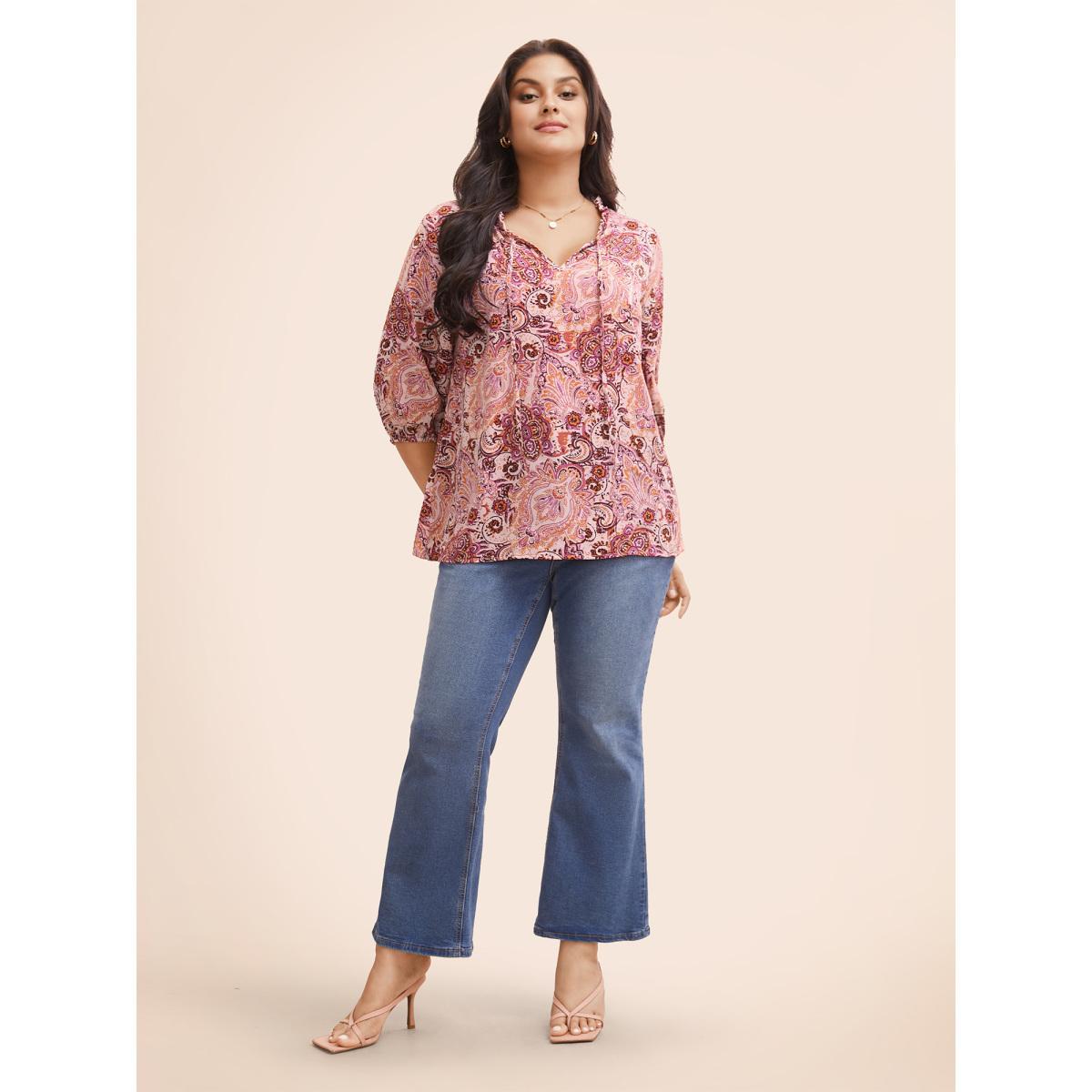 Plus Size Blush Bandana Frill Trim Tie Knot Blouse Women Elegant Elbow-length sleeve Notched collar Everyday Blouses BloomChic 22-24/3X Product Image