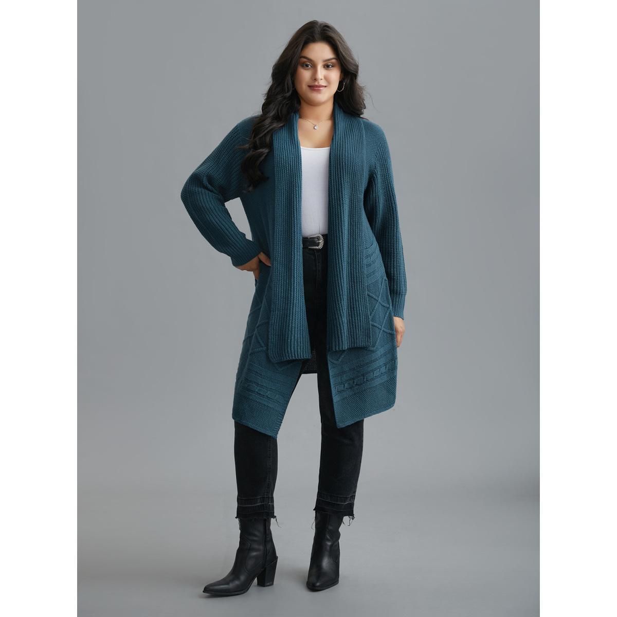 Plus Size Cable Knit Asymmetrical Hem Open-Front Cardigan Cyan Women Casual Loose Long Sleeve Everyday Cardigans BloomChic 10/M Product Image