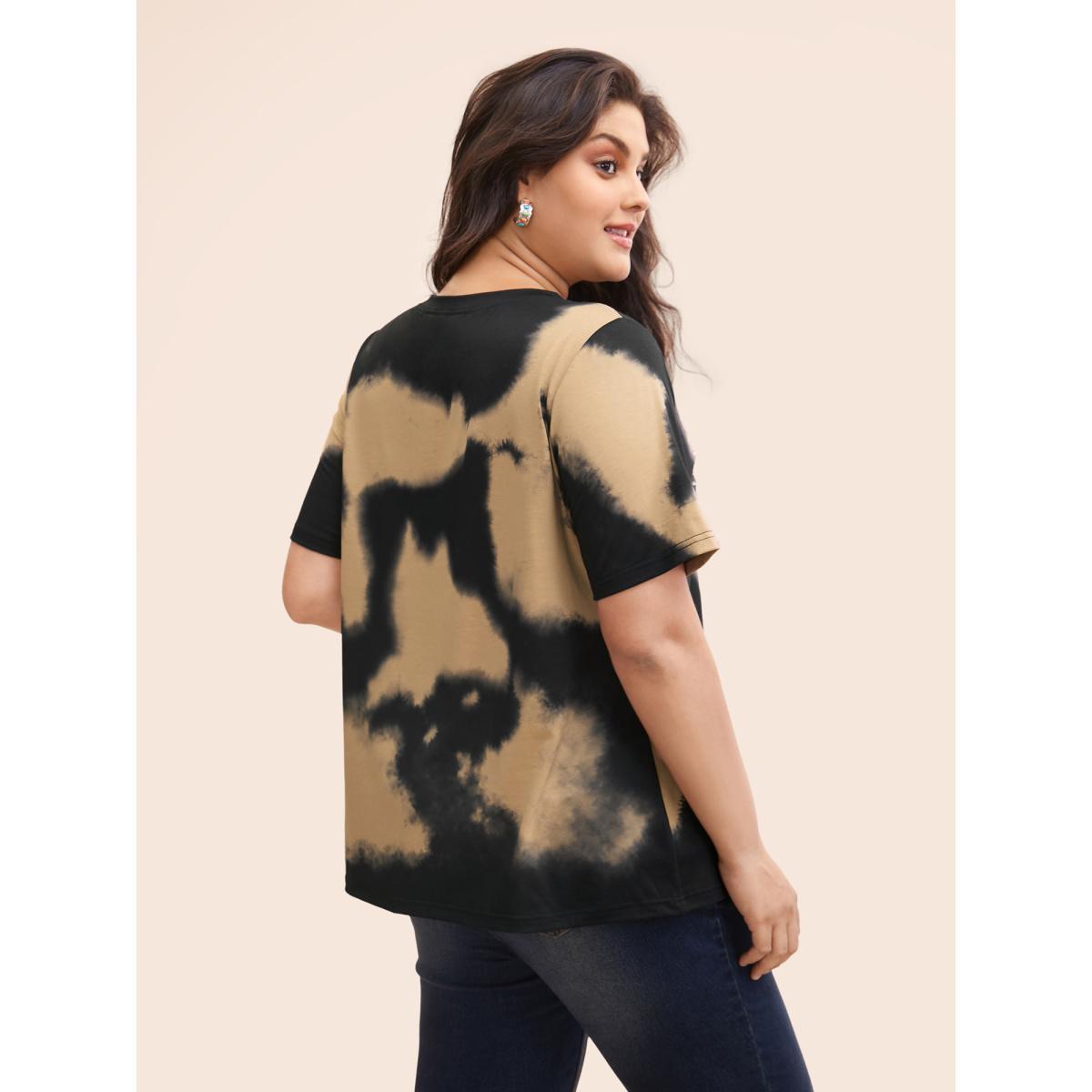 Plus Size Tie Dye Wild Logo T-shirt LightBrown Women Casual Rhinestone detailing Positive slogan Round Neck Everyday T-shirts BloomChic 14-16/1X Product Image
