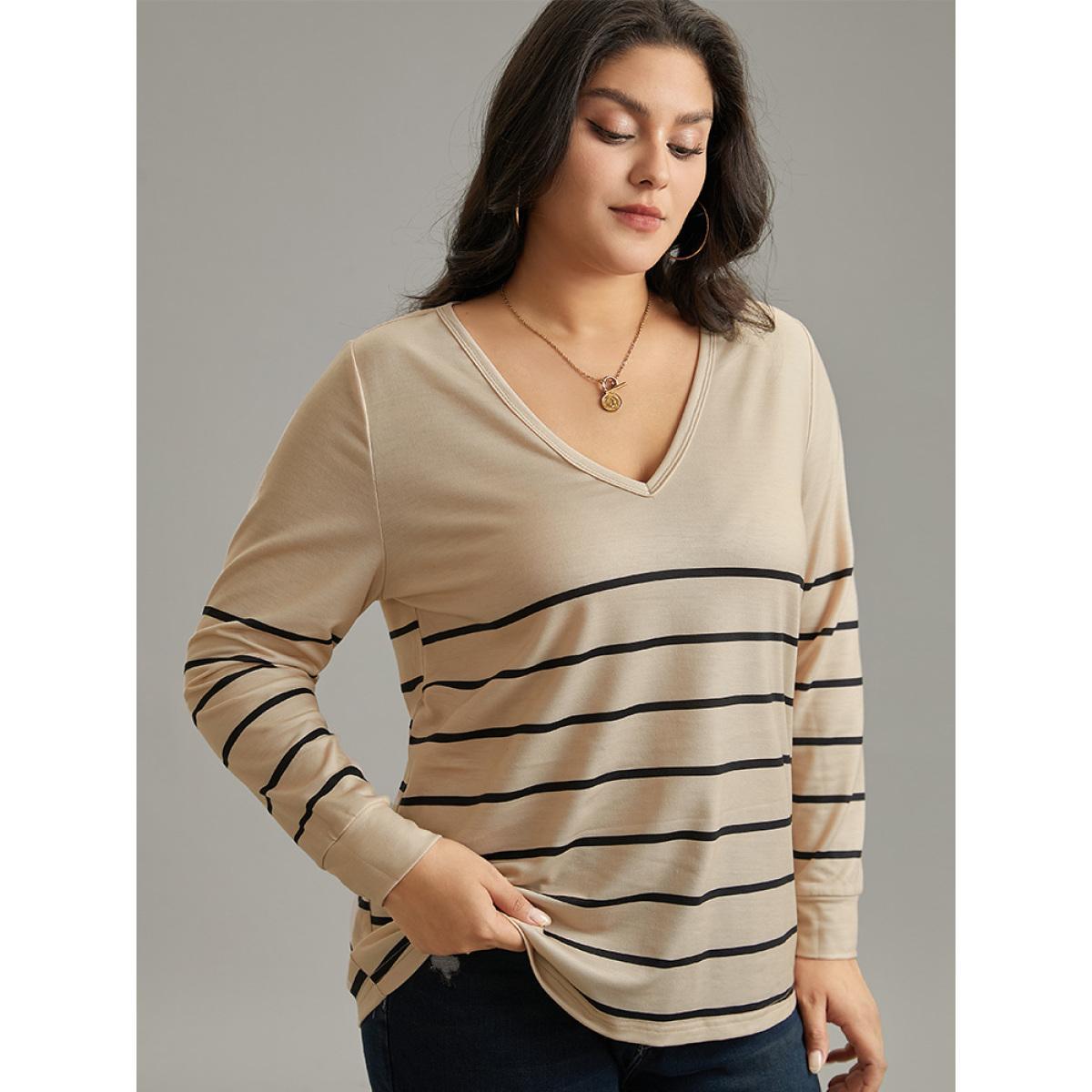 Plus Size Striped Print V Neck T-Shirt Tan Women Casual Printed Striped V-neck Dailywear T-shirts BloomChic 18-20/2X Product Image