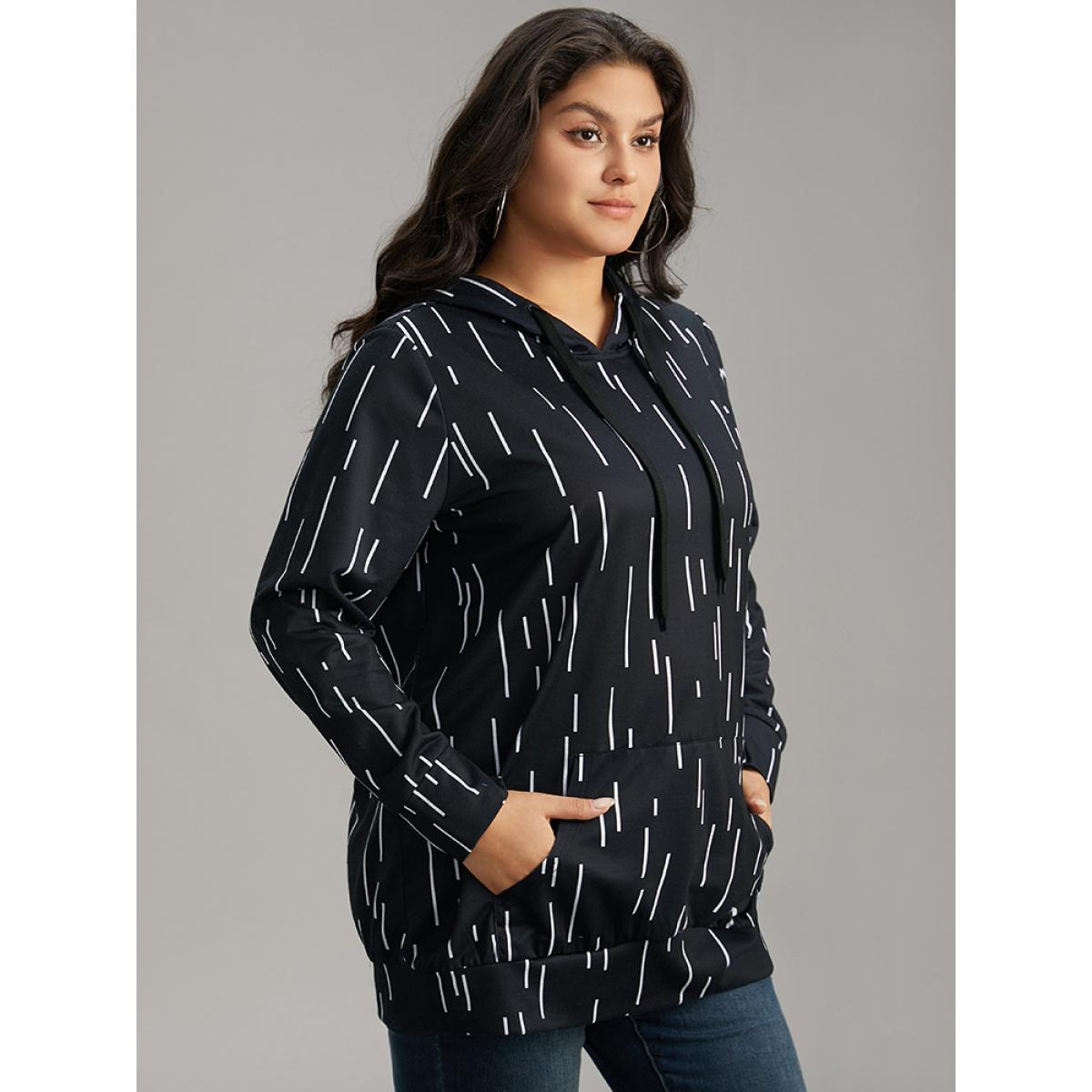 Plus Size Striped Asymmetrical kangaroo pocket Hooded Sweatshirt Women Black Casual Printed Hooded Dailywear Sweatshirts BloomChic 14-16/1X Product Image