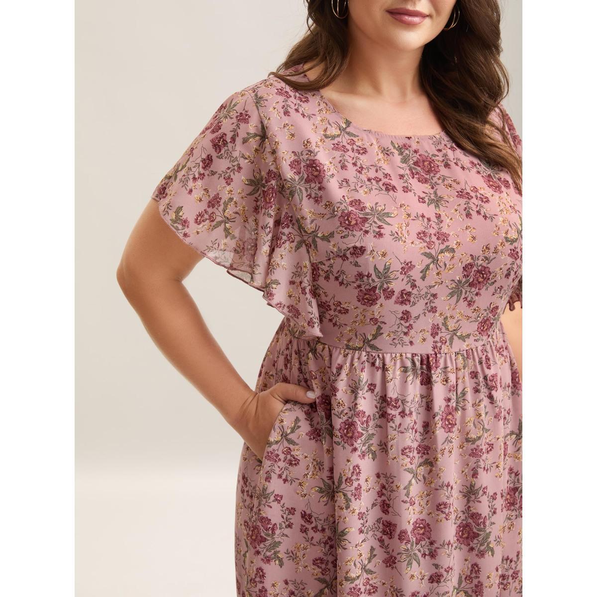 Plus Size Chiffon Floral Print Ruffled Midi Dress Blush Women Elegant Ruffles Round Neck Short sleeve Curvy BloomChic 30/6X Product Image