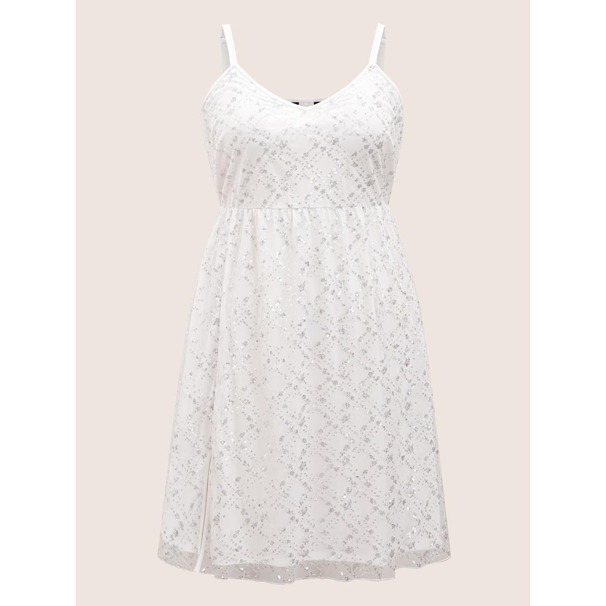 Plus Size Geometric Sequin Mesh Split Hem Midi Dress Silver Women Cocktail Texture V-neck Sleeveless Curvy BloomChic 14-16/1X Product Image
