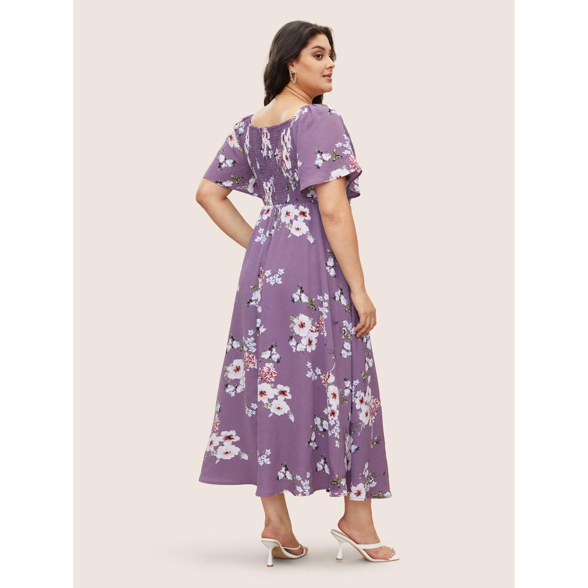 Plus Size Floral Square Neck Ruffles Pocket Shirred Split Dress Mauve Women Elegant Non Square Neck Short sleeve Curvy BloomChic 28/5X Product Image