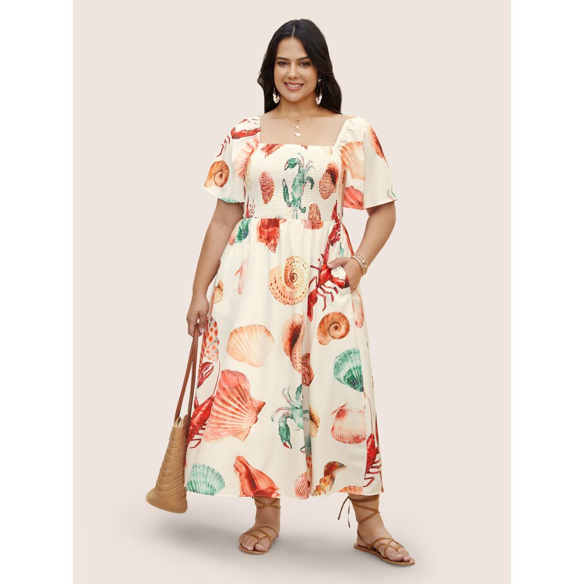 Plus Size Marine Elements Print Shirred Ruffle Sleeve Dress Lightorange Women Resort Shirred Square Neck Short sleeve Curvy BloomChic 10/M Product Image