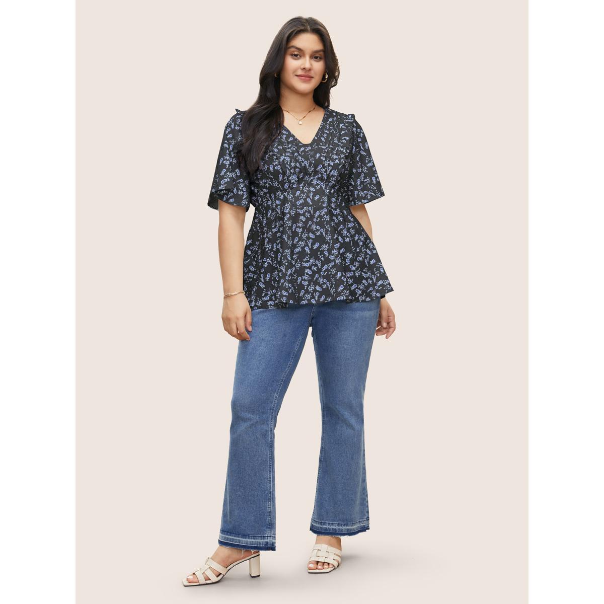 Plus Size BlackFlower Floral Pleated Elastic Waist Ruffle Sleeve Blouse Women Elegant Half Sleeve V-neck Everyday Blouses BloomChic 26/4X Product Image
