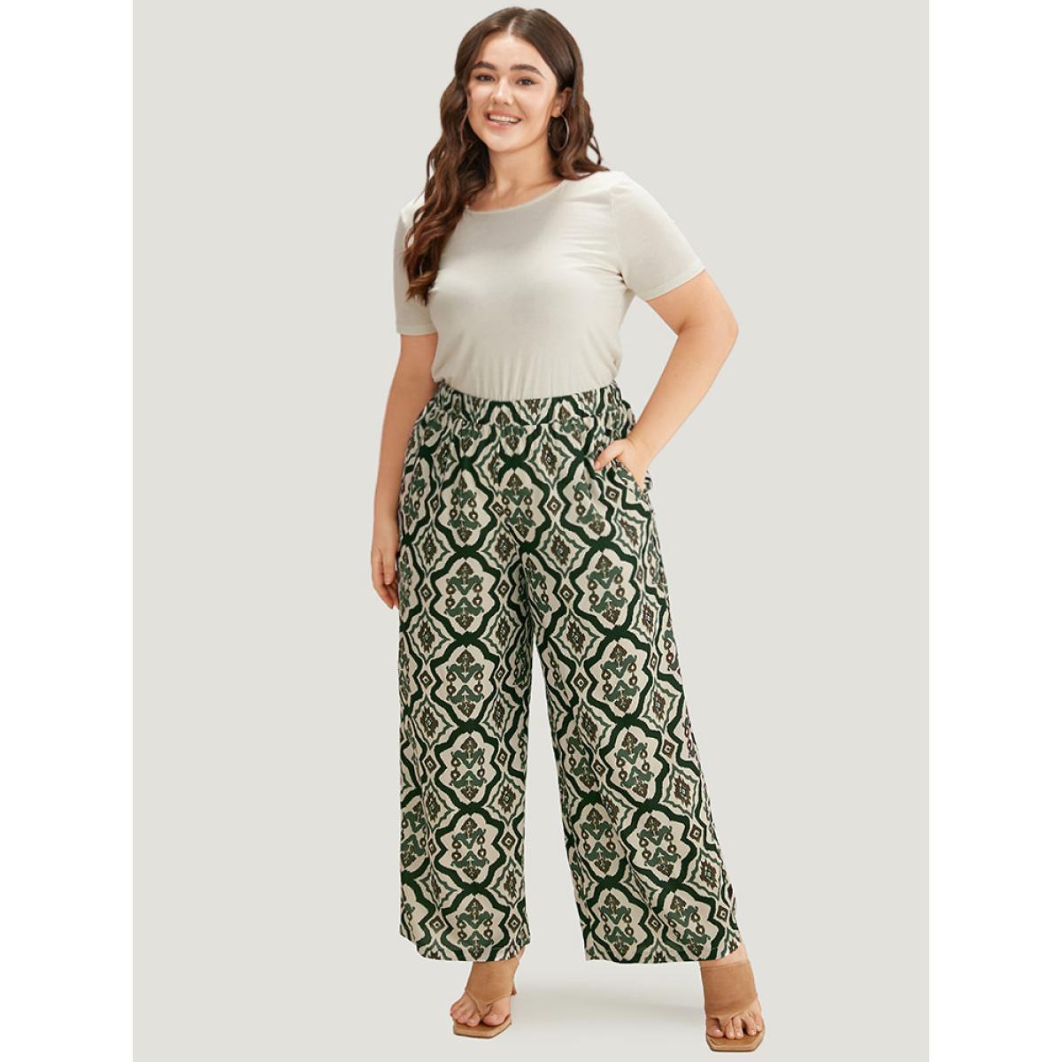 Plus Size Boho Print Pocket Elastic Waist Pants Women ArmyGreen Resort Straight Leg High Rise Vacation Pants BloomChic 12/L Product Image