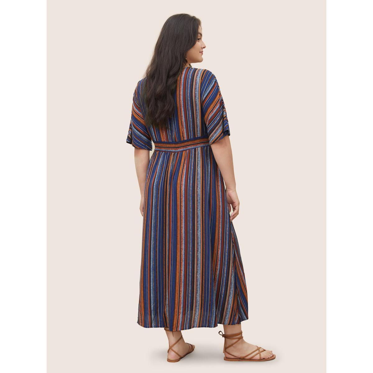 Plus Size Striped Contrast Dolman Sleeve Shirred Pocket Split Flutter Dress Blue Women Resort Non V-neck Half Sleeve Curvy BloomChic 28/5X Product Image