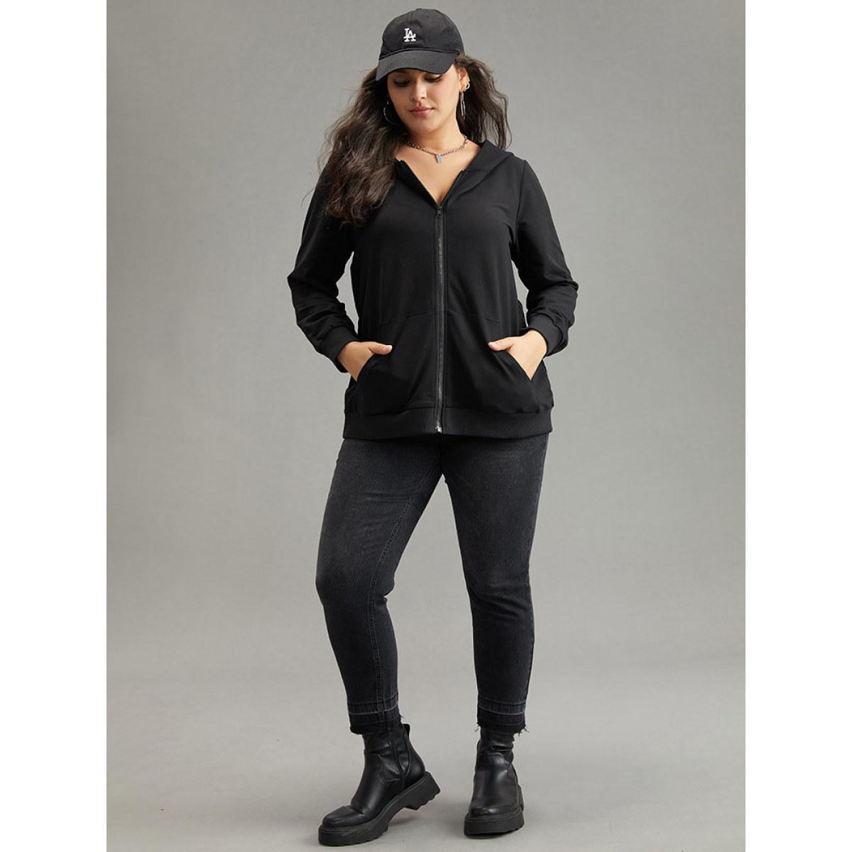 Plus Size Cotton Solid Pocket Hooded Sweatshirt Women Black Casual Elastic cuffs Hooded Dailywear Sweatshirts BloomChic 12/L Product Image