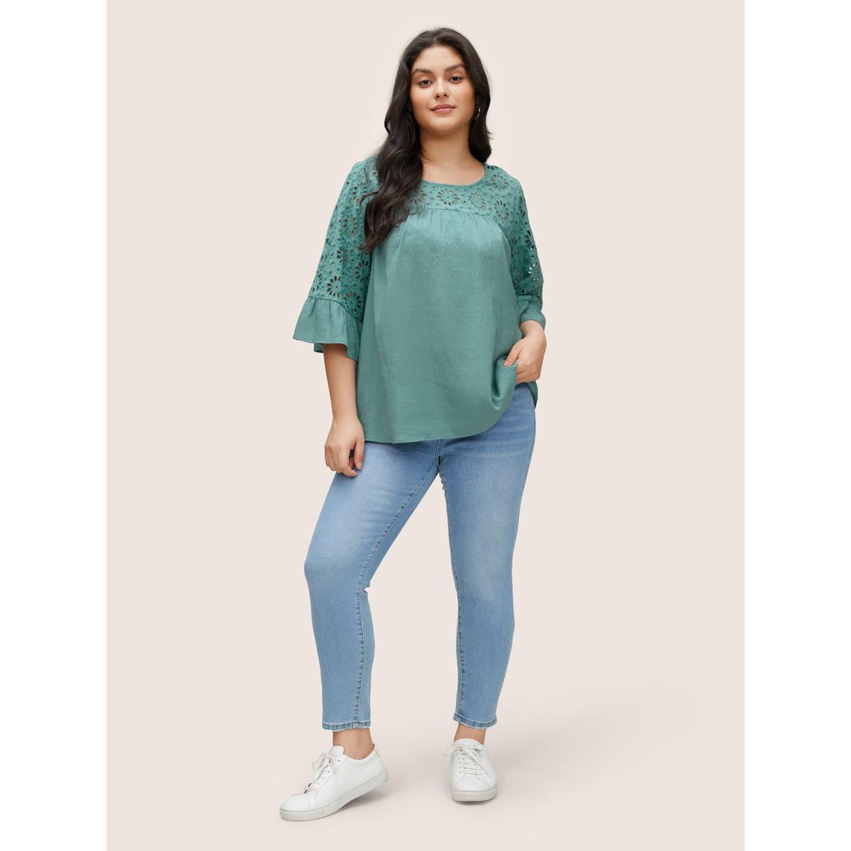 Plus Size Mint Plain Broderie Anglaise Ruffle Sleeve Blouse Women Casual Elbow-length sleeve Round Neck Everyday Blouses BloomChic 28/5X Product Image