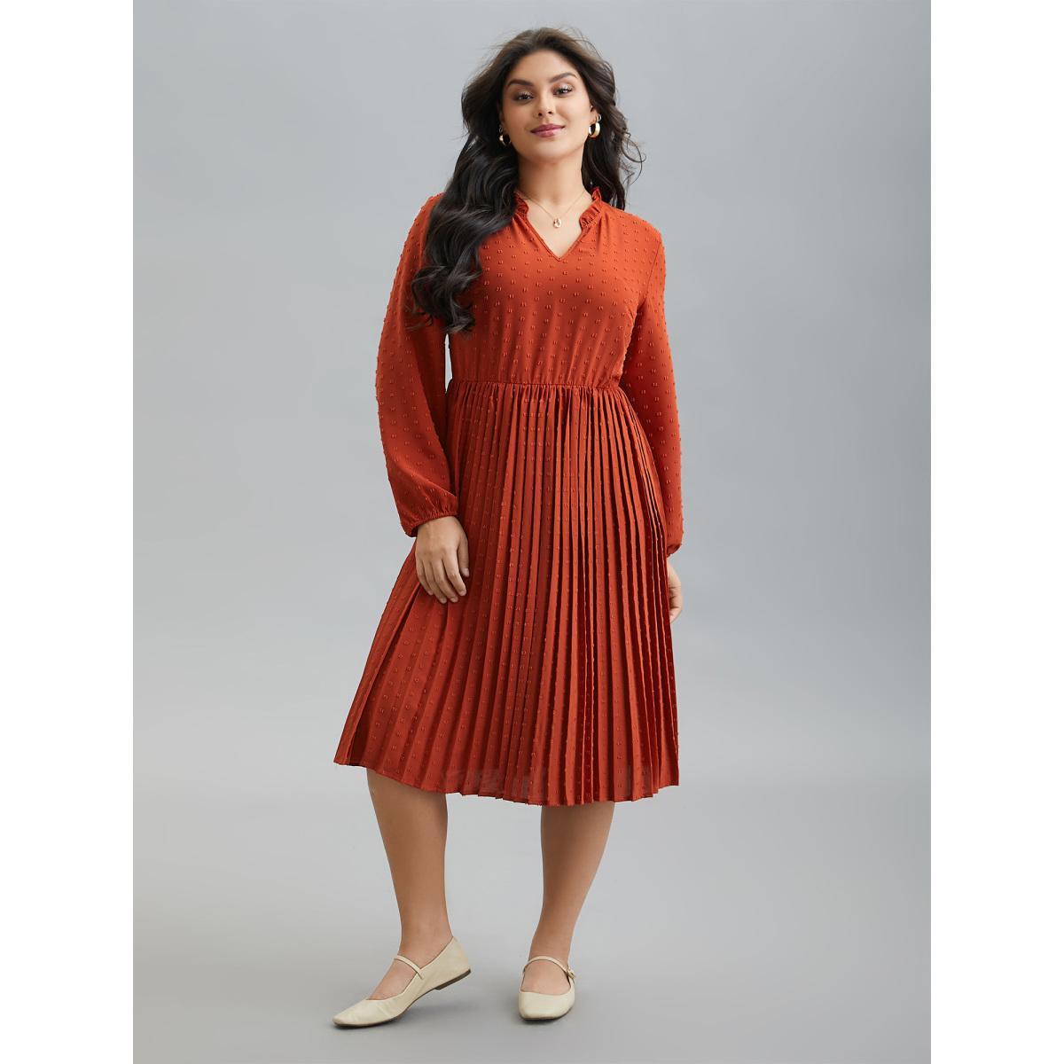 Plus Size Notched Collar Textured Pleated Midi Dress OrangeRed Women Casual Texture Flat collar with V-notch Long Sleeve Curvy BloomChic 30/6X Product Image