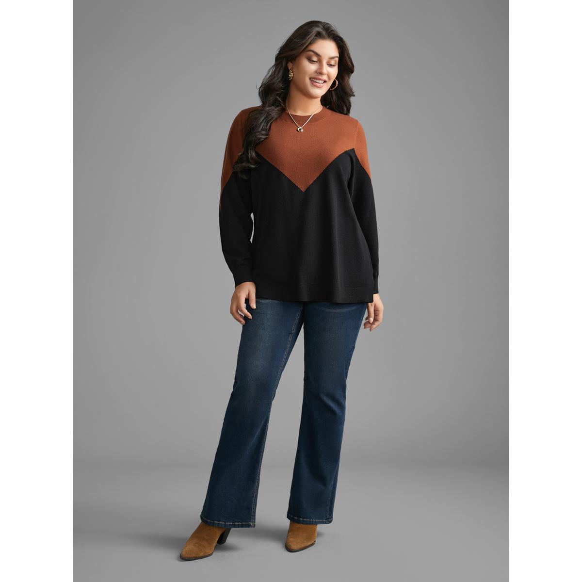 Plus Size Round Neck Contrast Patchwork Pullover Black Women Casual Loose Long Sleeve Round Neck Everyday Pullovers BloomChic 18-20/2X Product Image