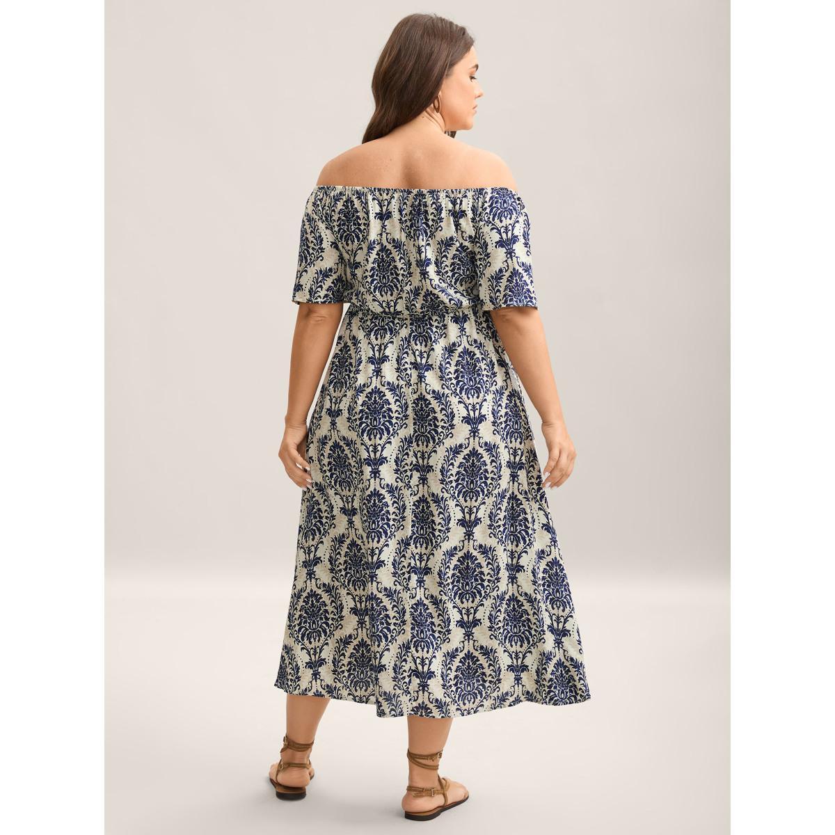 Plus Size Bandana Print Shirred Off Shoulder Dress DarkBlue Women Resort Non One-shoulder neck Short sleeve Curvy Midi Dress BloomChic 12/L Product Image
