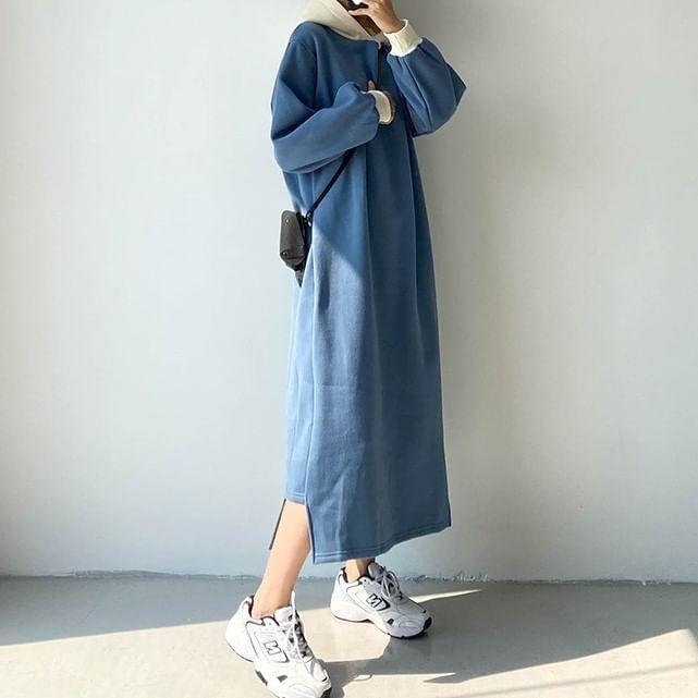 Puff-Sleeve Two-Tone Midi Hoodie Dress Product Image