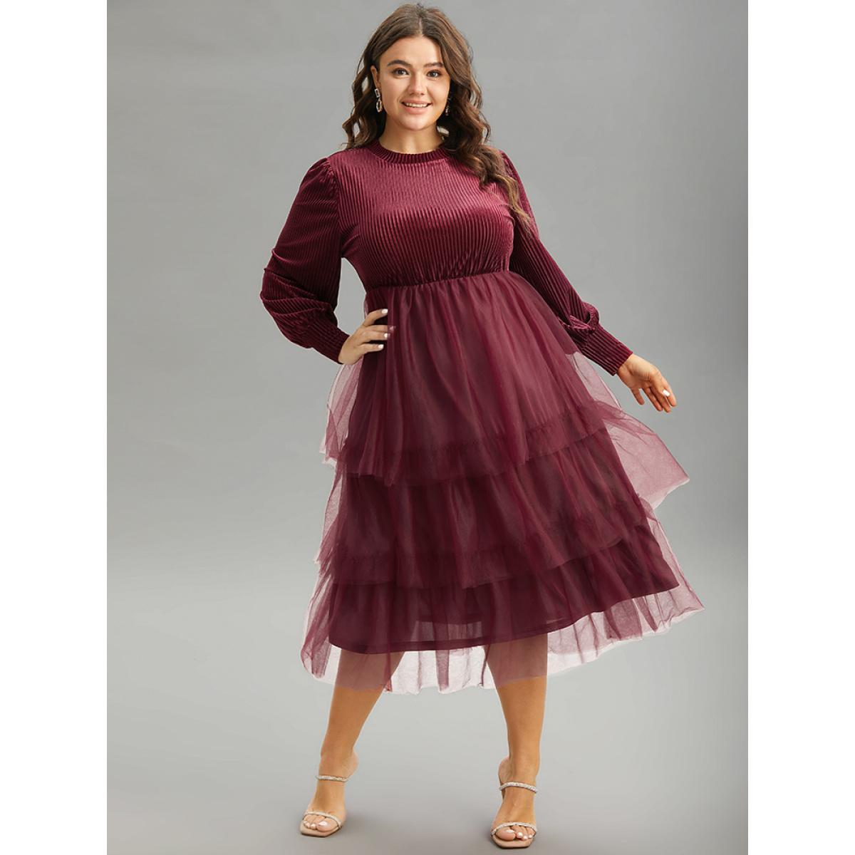 Plus Size Velvet Patchwork Mesh Layered Hem Dress Burgundy Women Glamour Velvet Round Neck Long Sleeve Curvy Midi Dress BloomChic 18-20/2X Product Image
