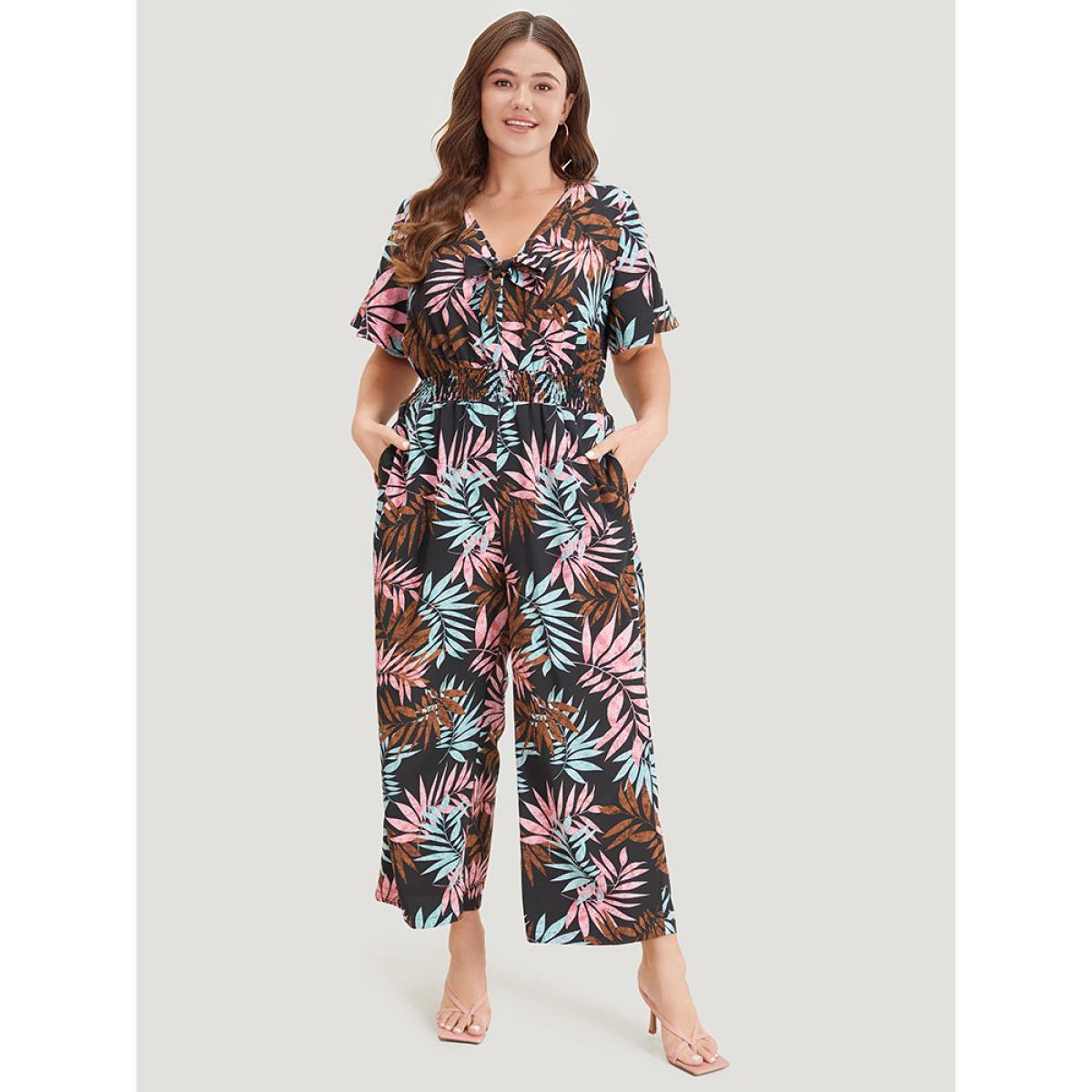 Plus Size Black Tropical Print Knot Neck Shirred Wrap Jumpsuit Women Elegant Short sleeve Tie Neck Dailywear Loose Jumpsuits BloomChic 30/6X Product Image