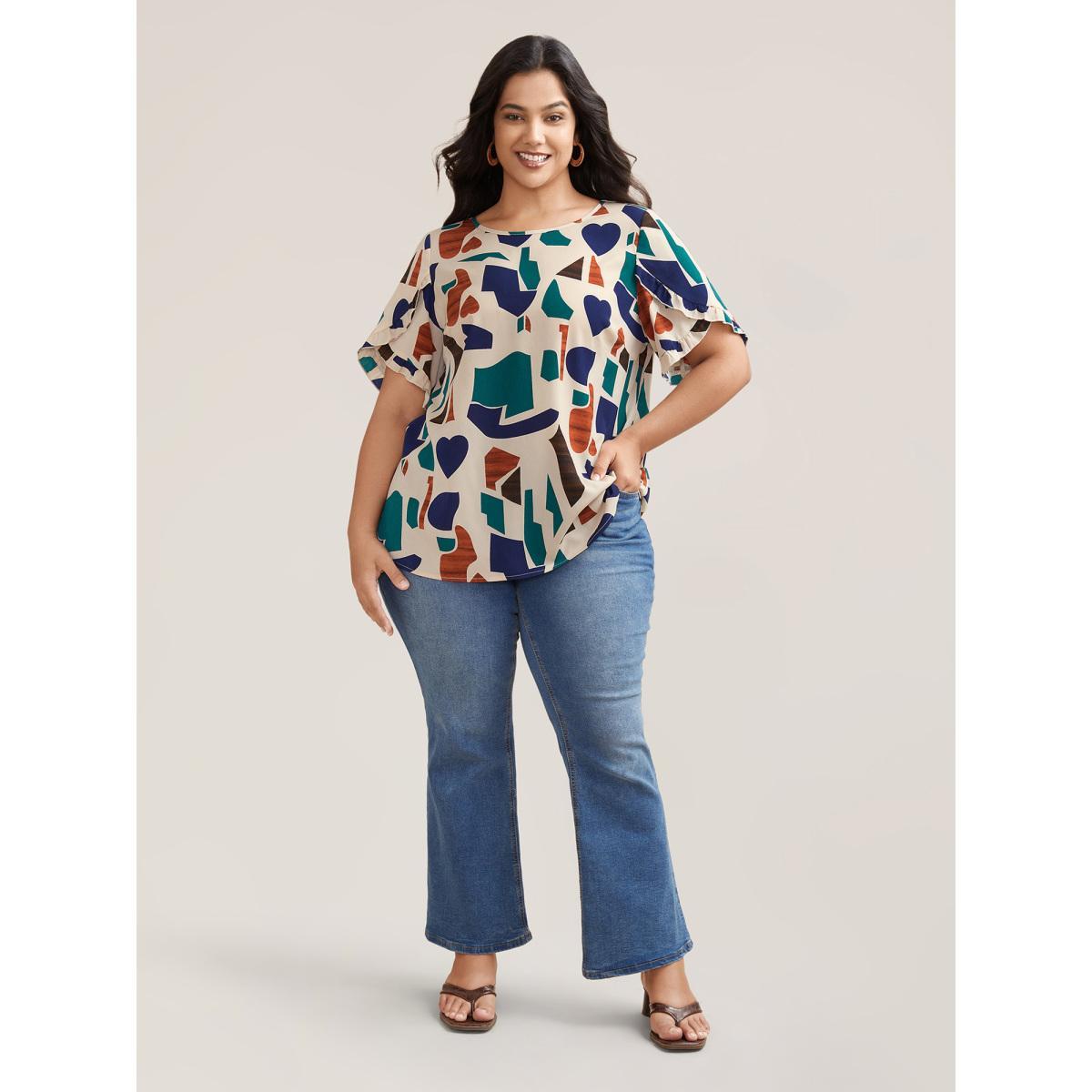 Plus Size Apricot Abstract Print Round Neck Half Sleeve Shirt Women Resort Short sleeve Round Neck Vacation Blouses BloomChic 22-24/3X Product Image
