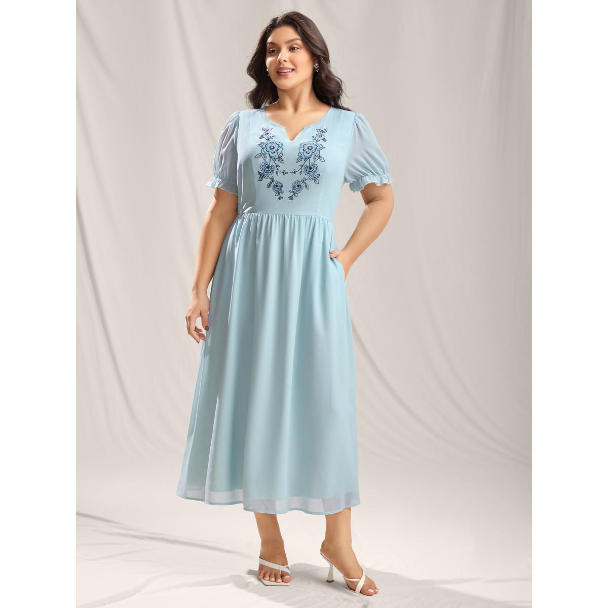 Plus Size Embroidered Sheer Chiffon Pockets Midi Dress LightBlue Women Notched collar Short sleeve Curvy BloomChic 30/6X Product Image