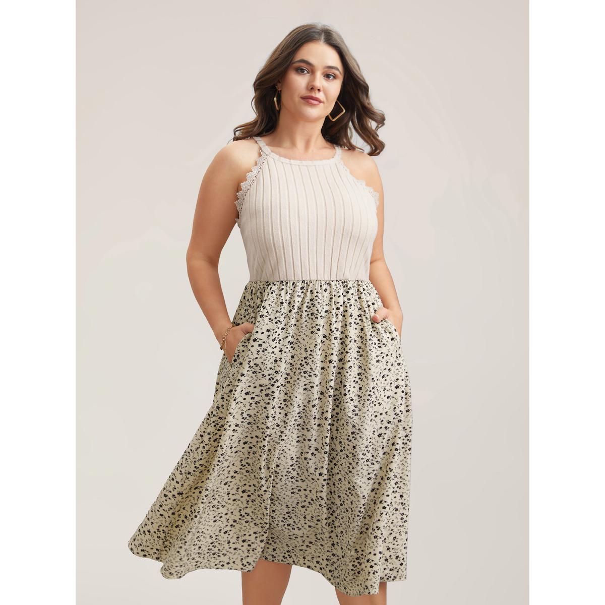 Plus Size Ditsy Floral Print Ribbed Midi Dress Beige Women Casual Woven ribbon&lace trim Knit Dresses Bloomchic 28/5X Product Image