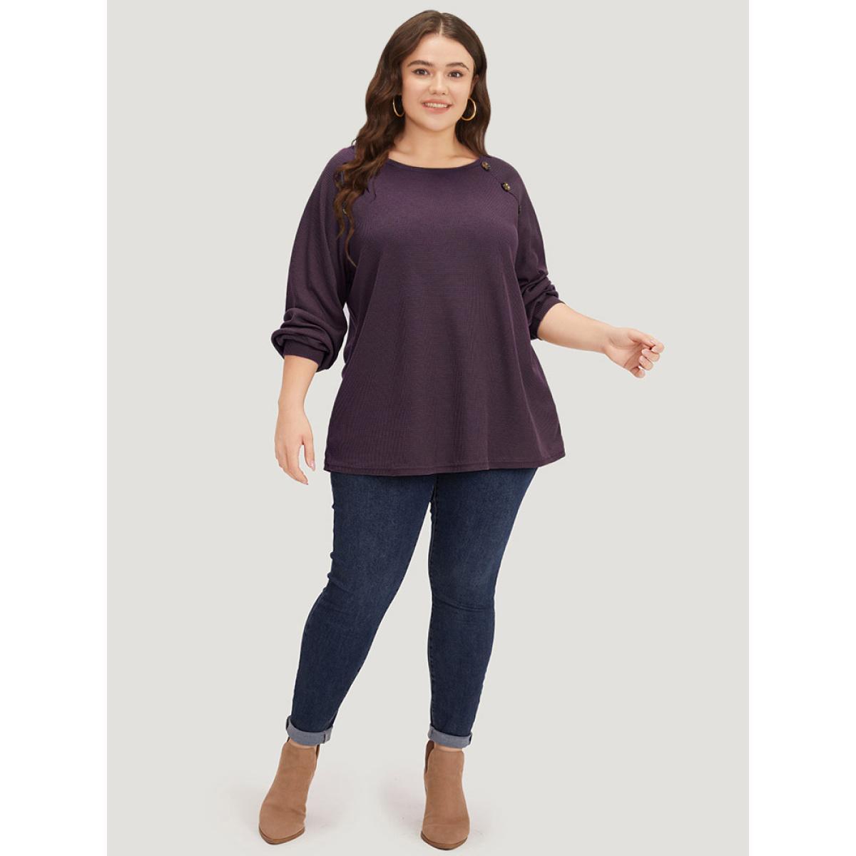 Plus Size Plain Waffle Knit Button Detail Crew Neck Raglan Sleeve T-shirt Purple Women Casual Elastic cuffs Plain Round Neck Dailywear T-shirts BloomChic 28/5X Product Image